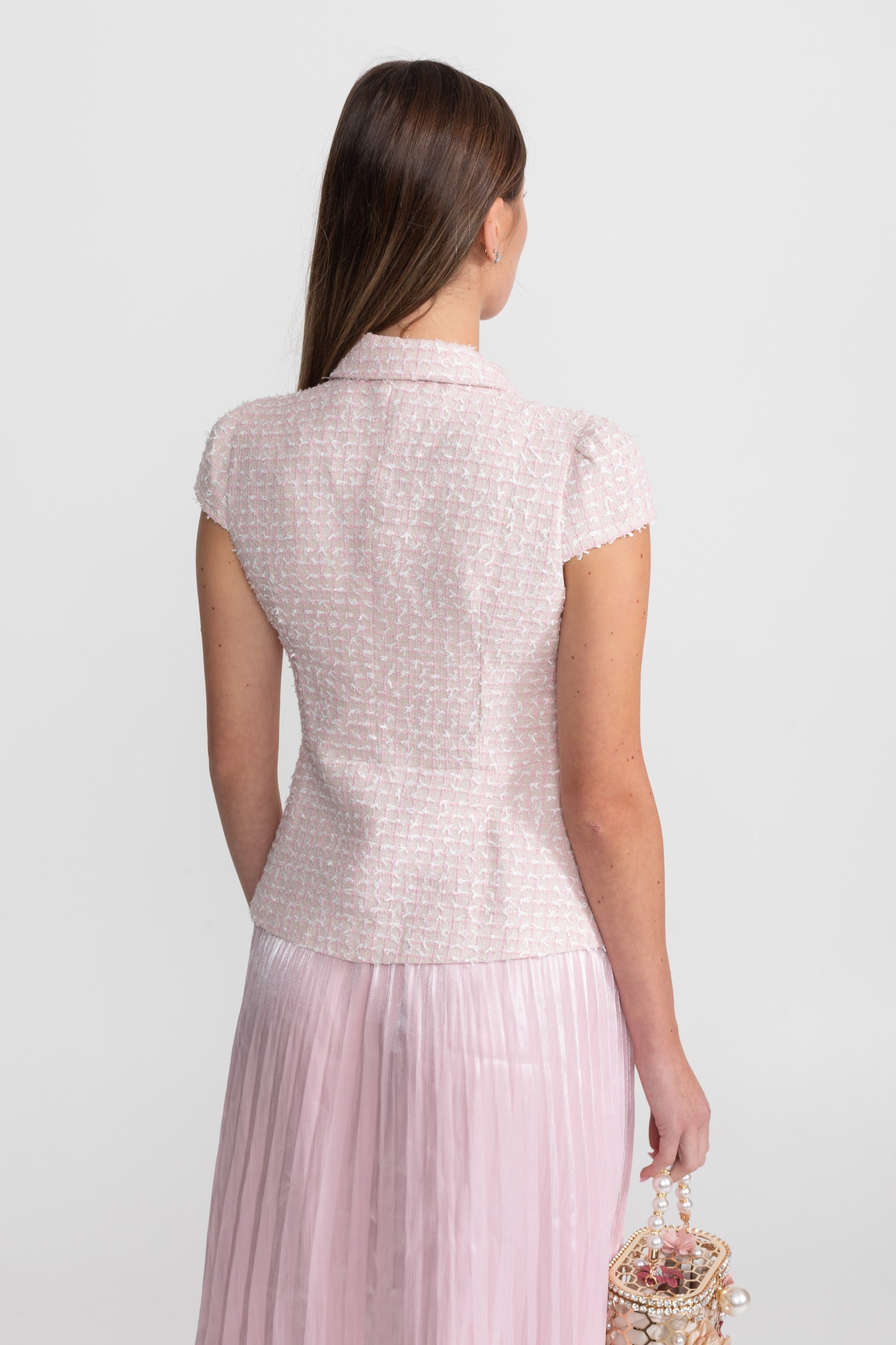 Ensemble coordonné en tweed et organza avec boutons en cristal en forme de nœud - Rose