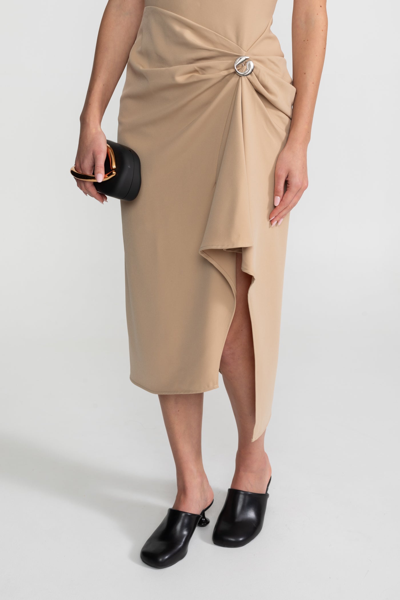Draped Halter Midi Dress With Asymmetric Drape Detail – Nude