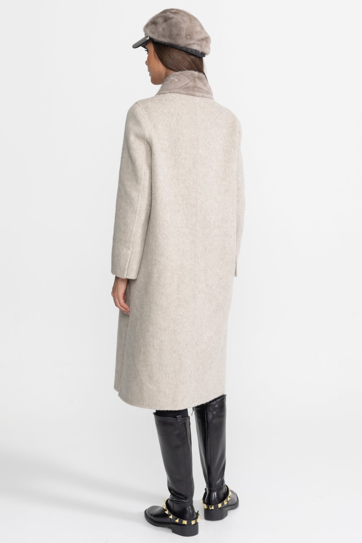 Wool & Alpaca Coat with Textured Mink Fur Collar – Beige