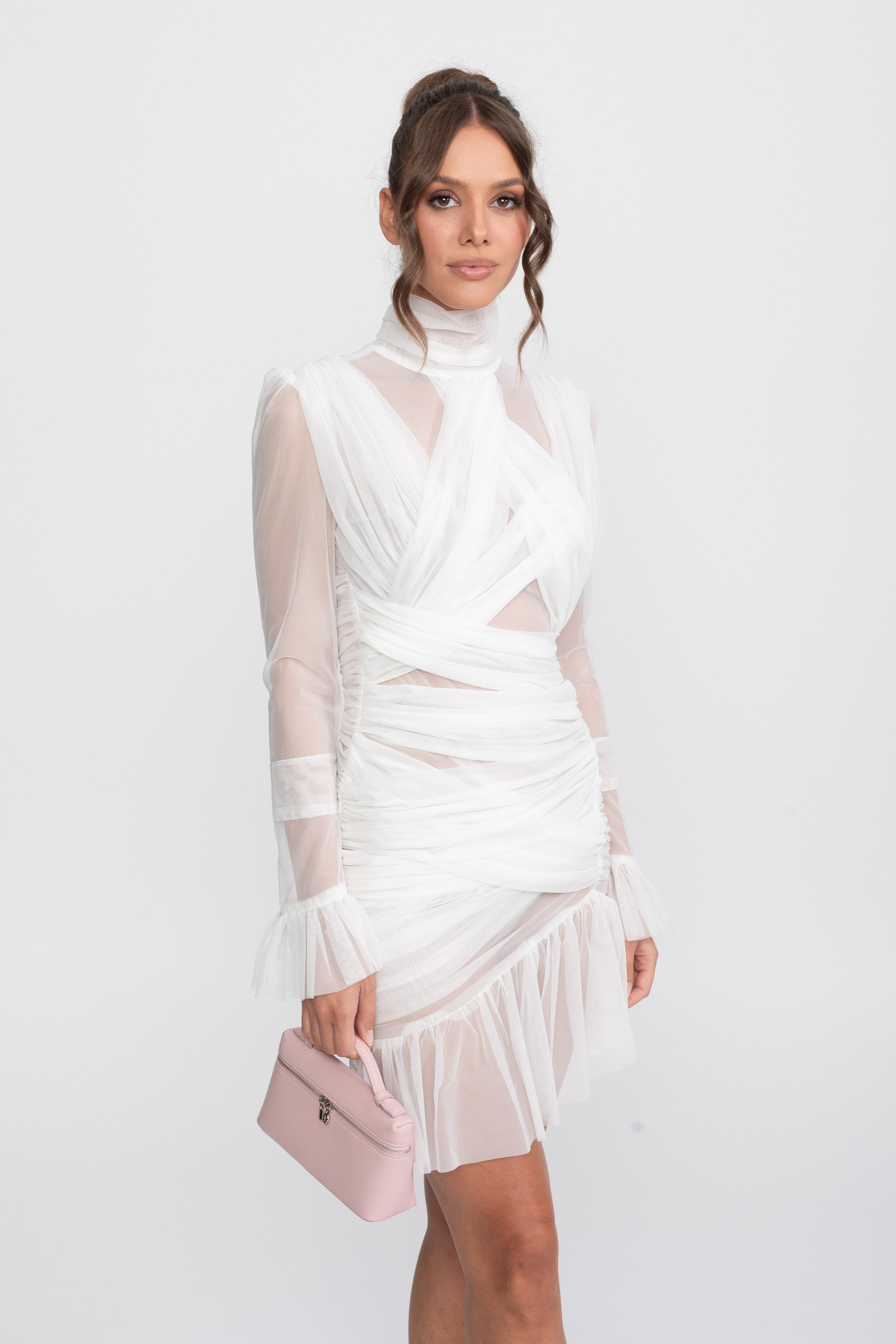 Robe mini en mesh à volants croisée avec manches longues - Blanc