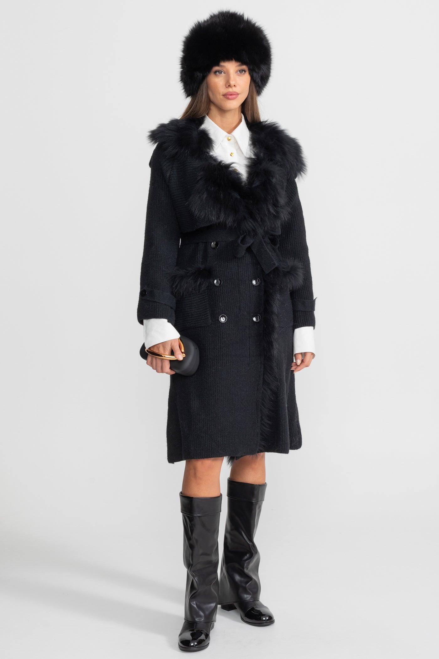 Manteau long en laine à double boutonnage avec garniture en fourrure – Noir