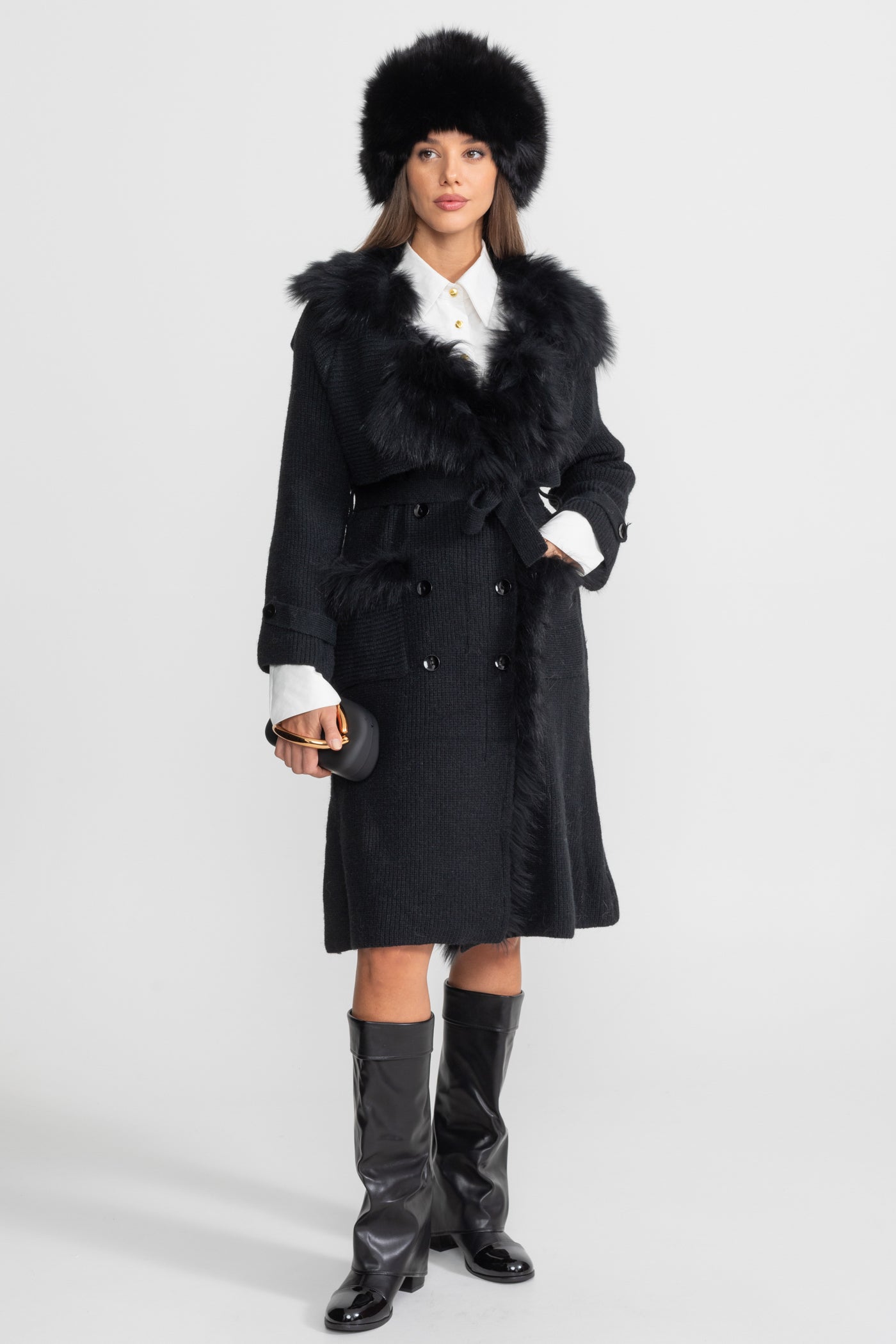 Manteau long en laine à double boutonnage avec garniture en fourrure – Noir