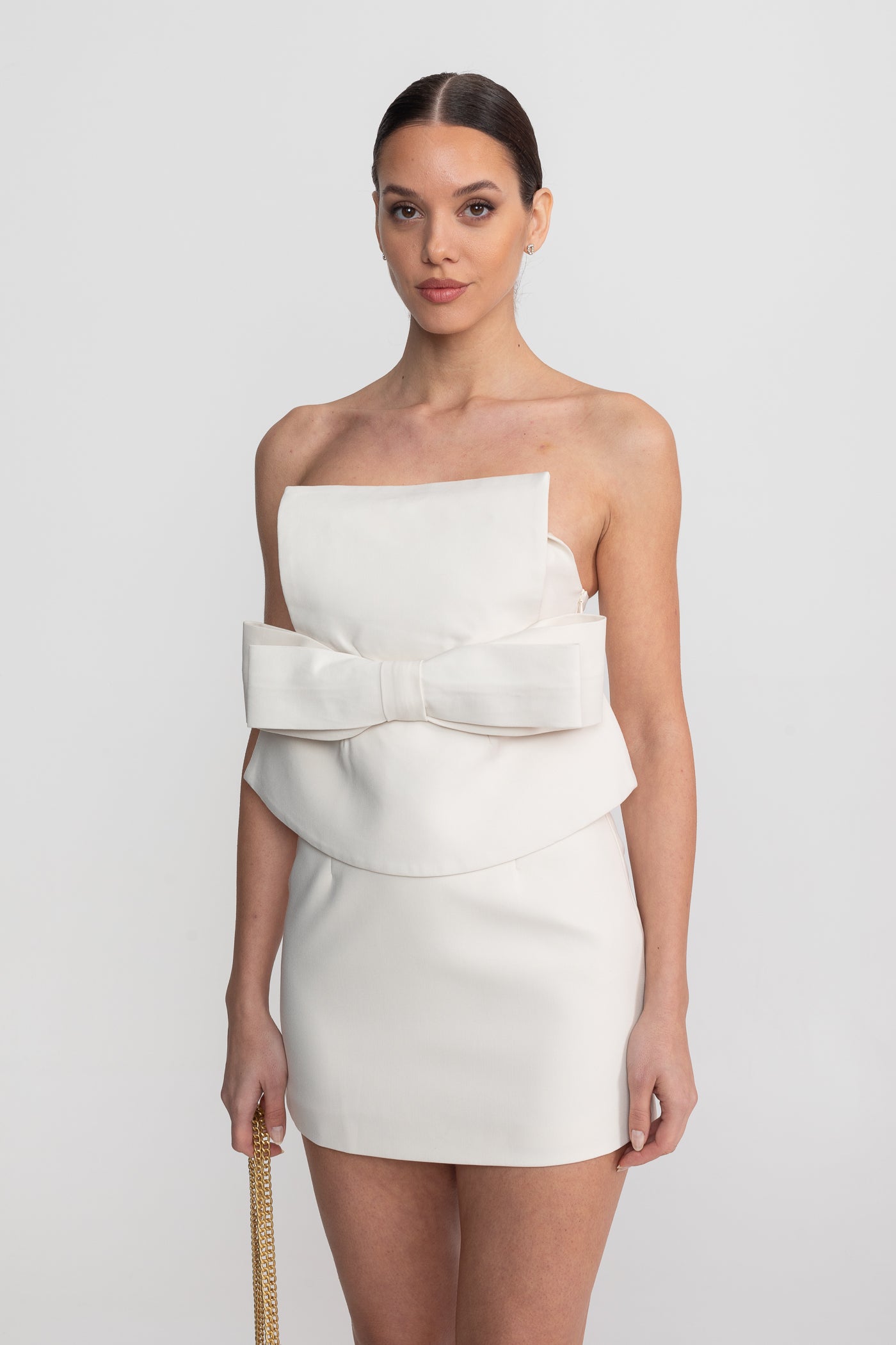 Robe Mini Bustier avec Nœud Oversize à la Taille et Surcouche Péplum - Blanc