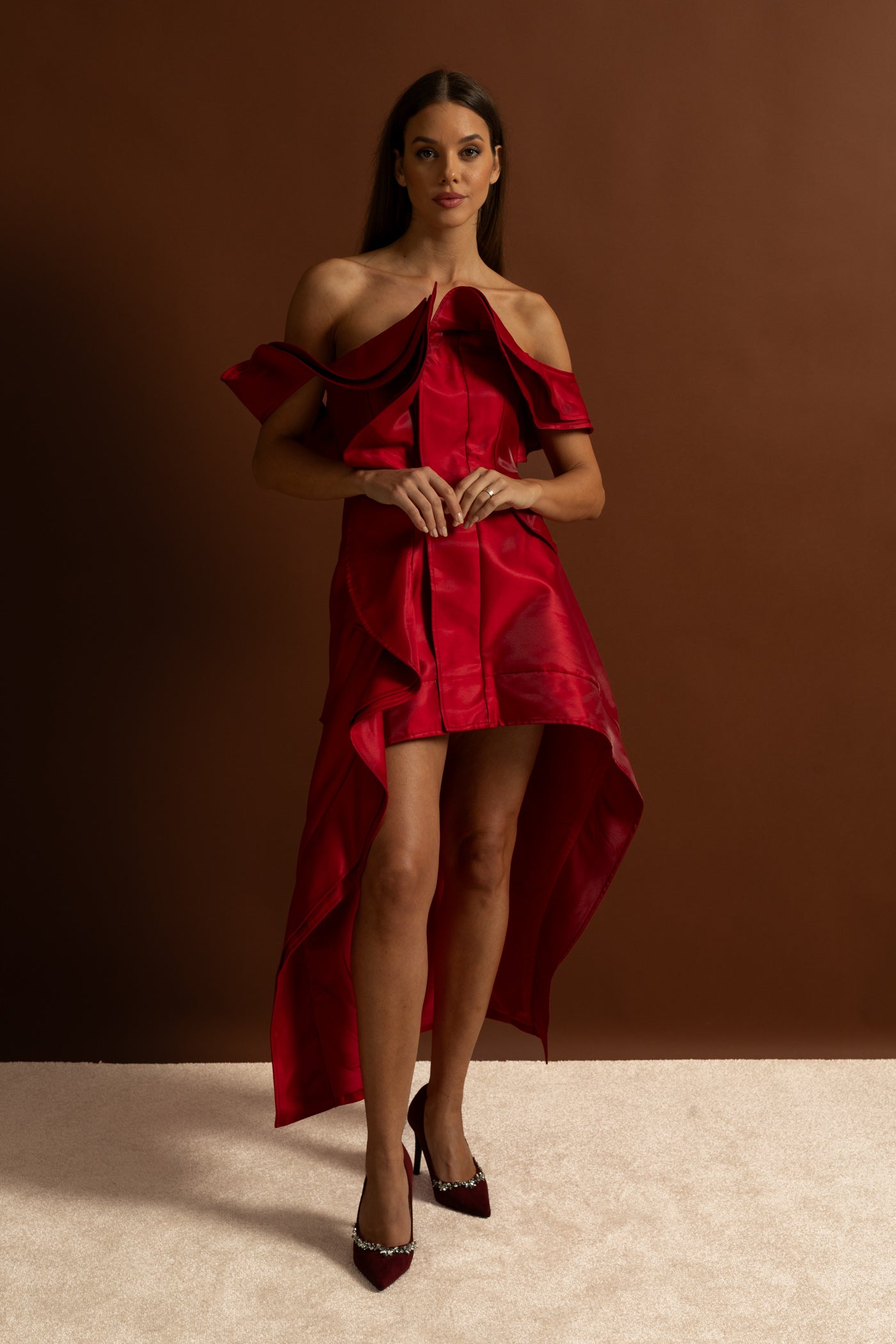 Off-Shoulder Ruffled High-Low Satin Dress – Crimson Red