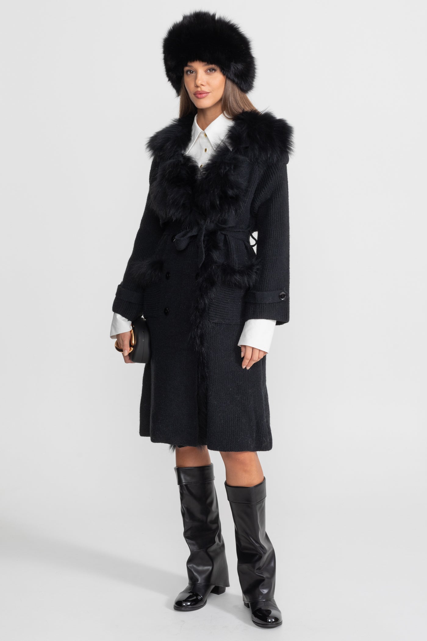 Manteau long en laine à double boutonnage avec garniture en fourrure – Noir