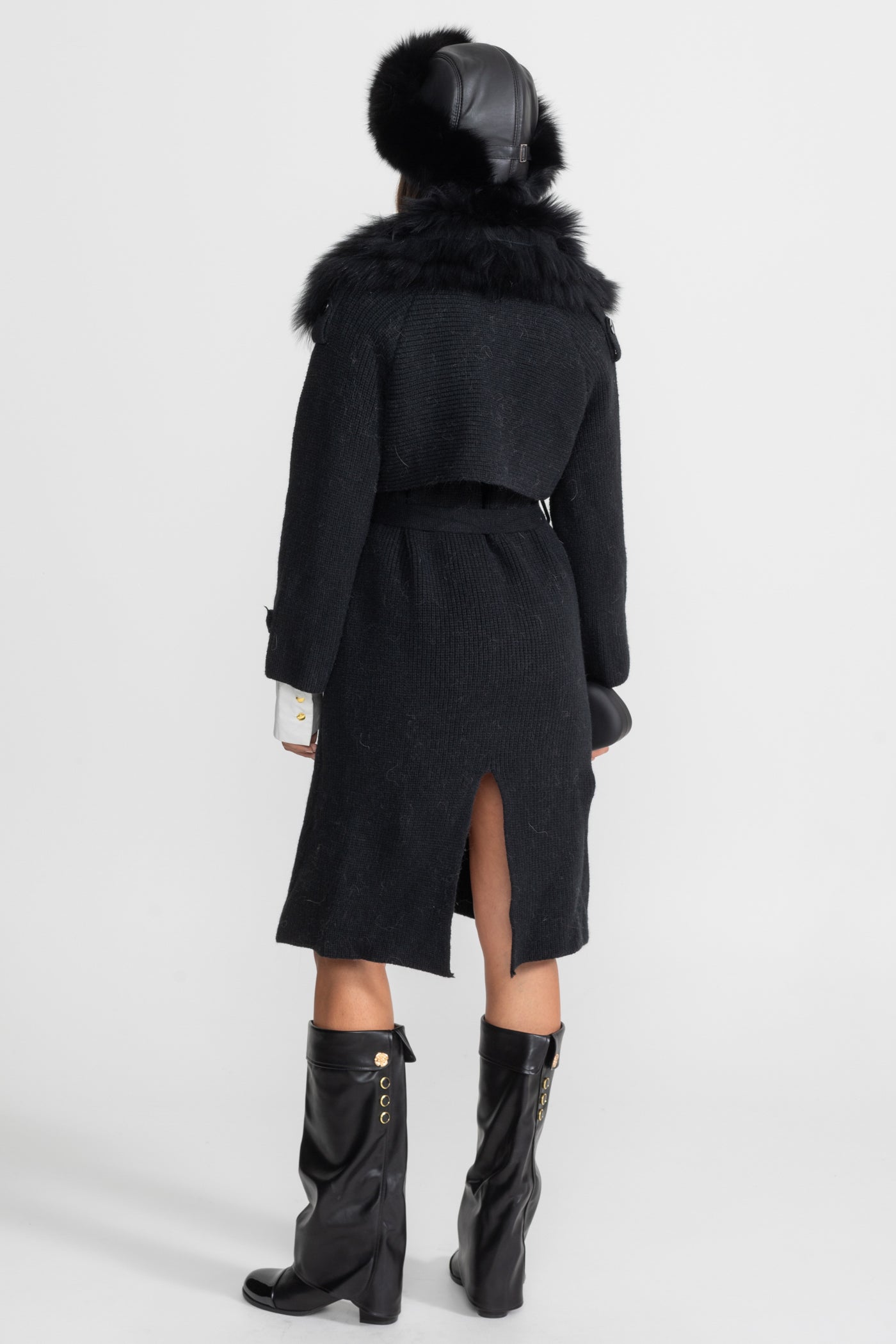 Manteau long en laine à double boutonnage avec garniture en fourrure – Noir