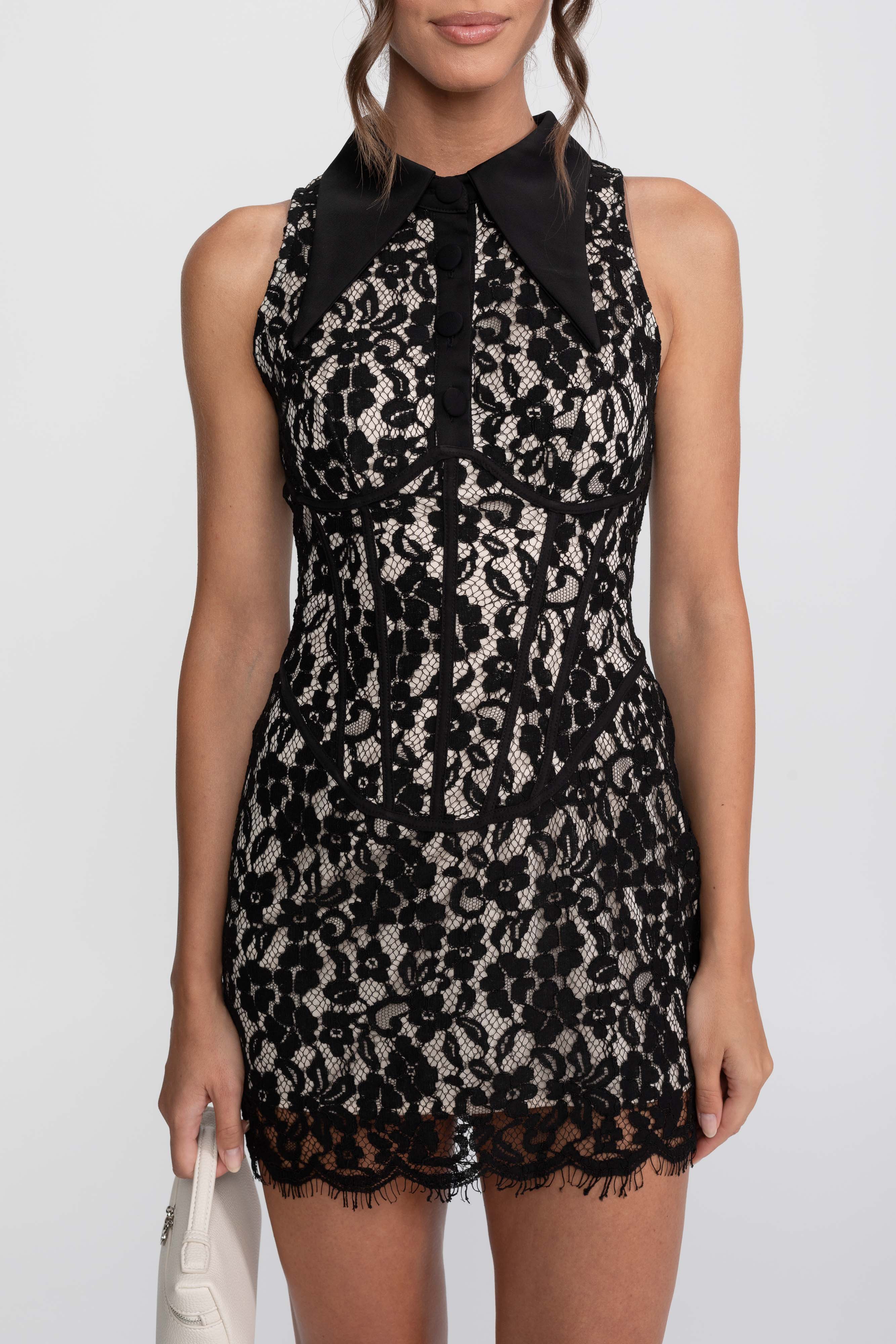 Lace Corset Collared Mini Dress With Buttoned Front - Black