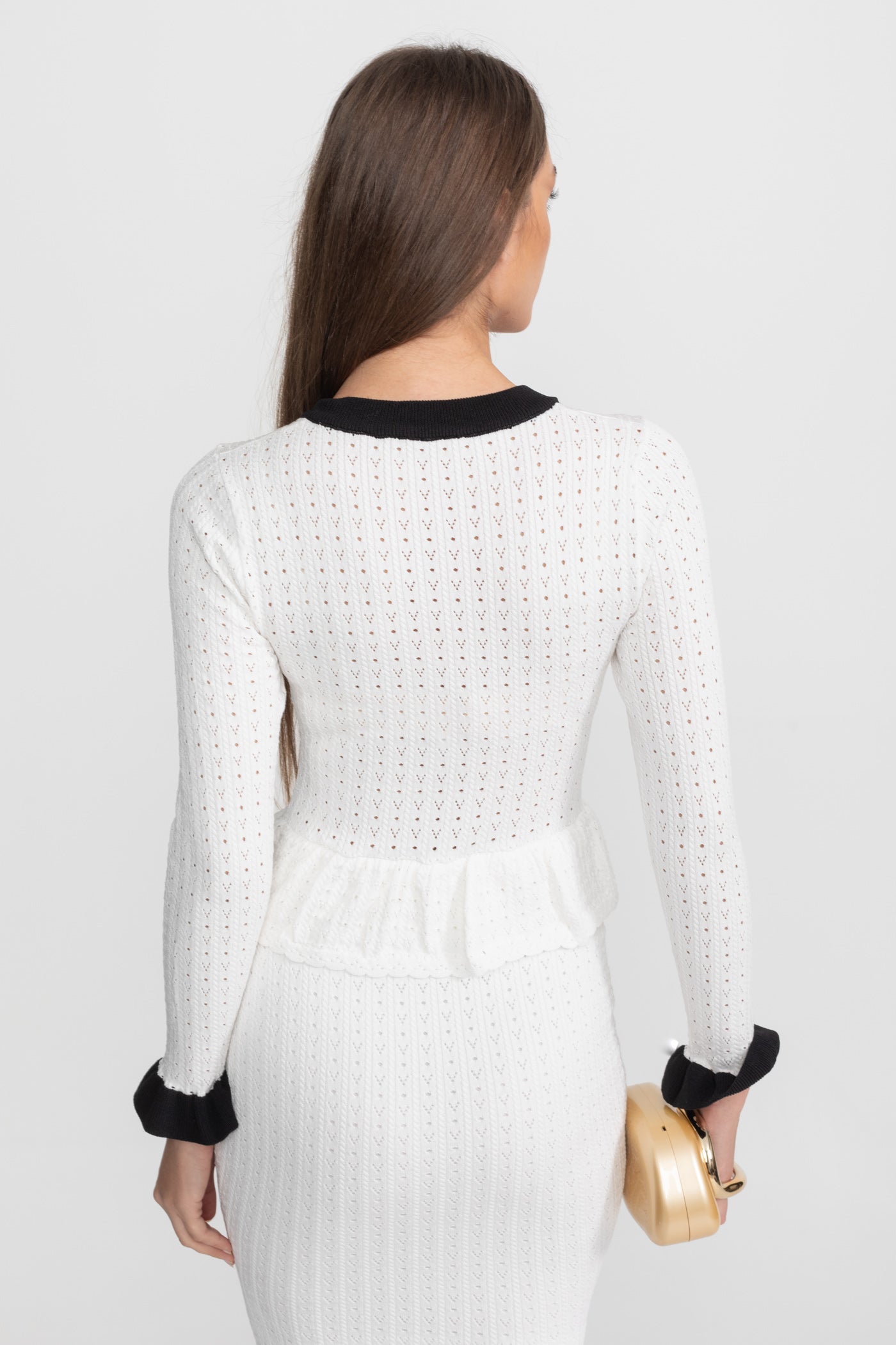 Ensemble Midi en Maille Pointelle avec Bordure Contrastée – Blanc