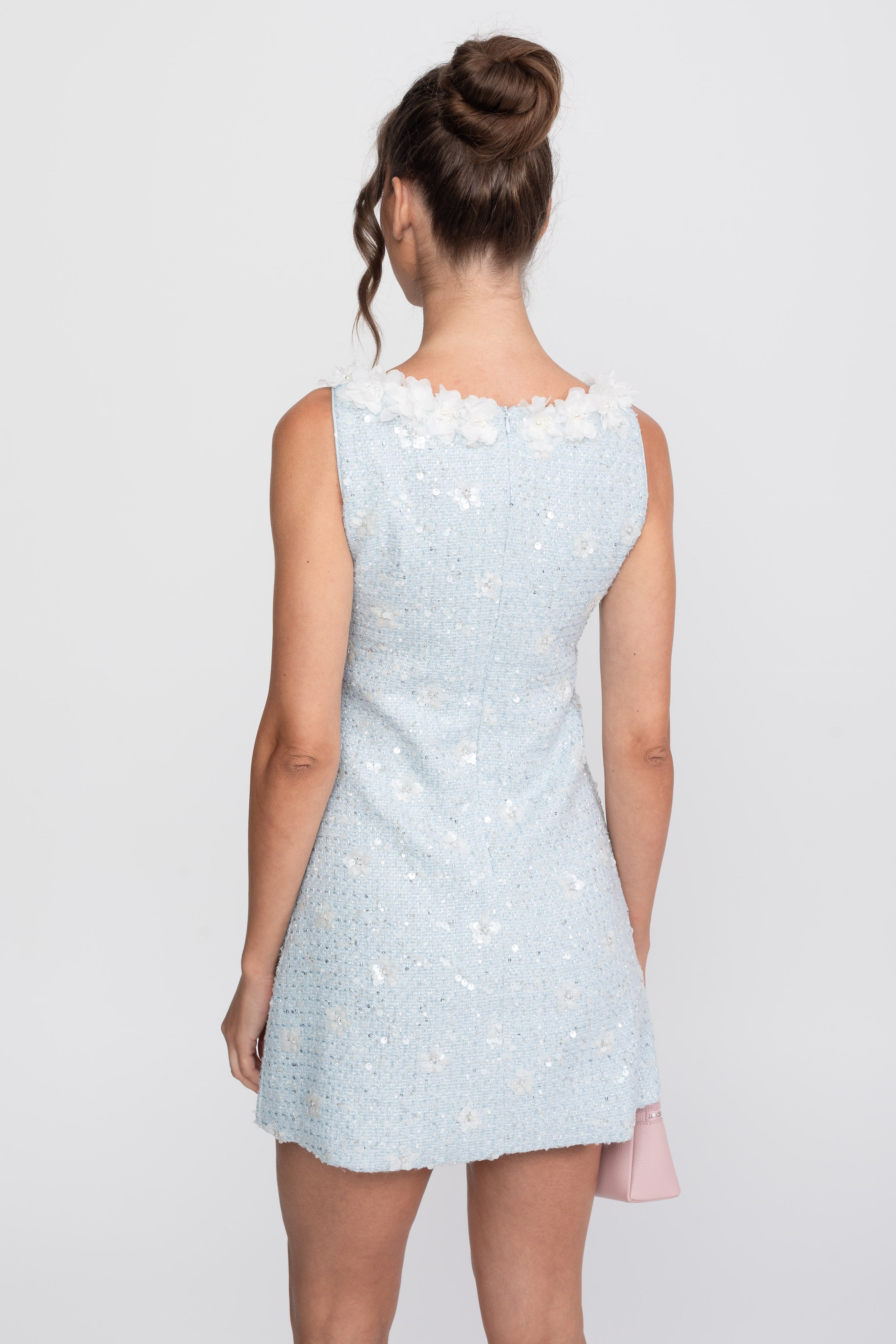 Robe mini en tricot côtelé avec col floral - Light Blue