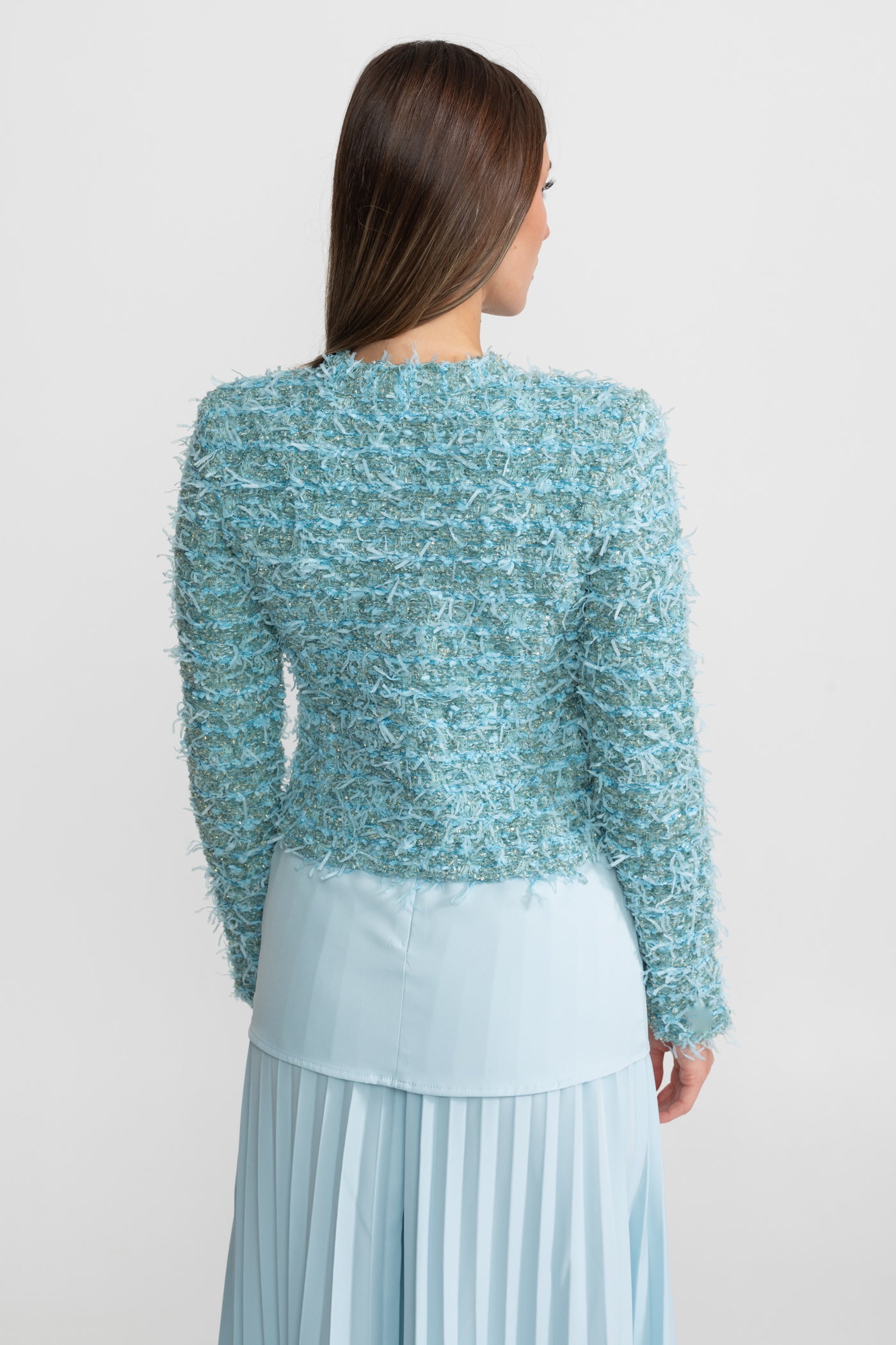 Veste en tweed texturé avec ornements de boutons dorés – Blue