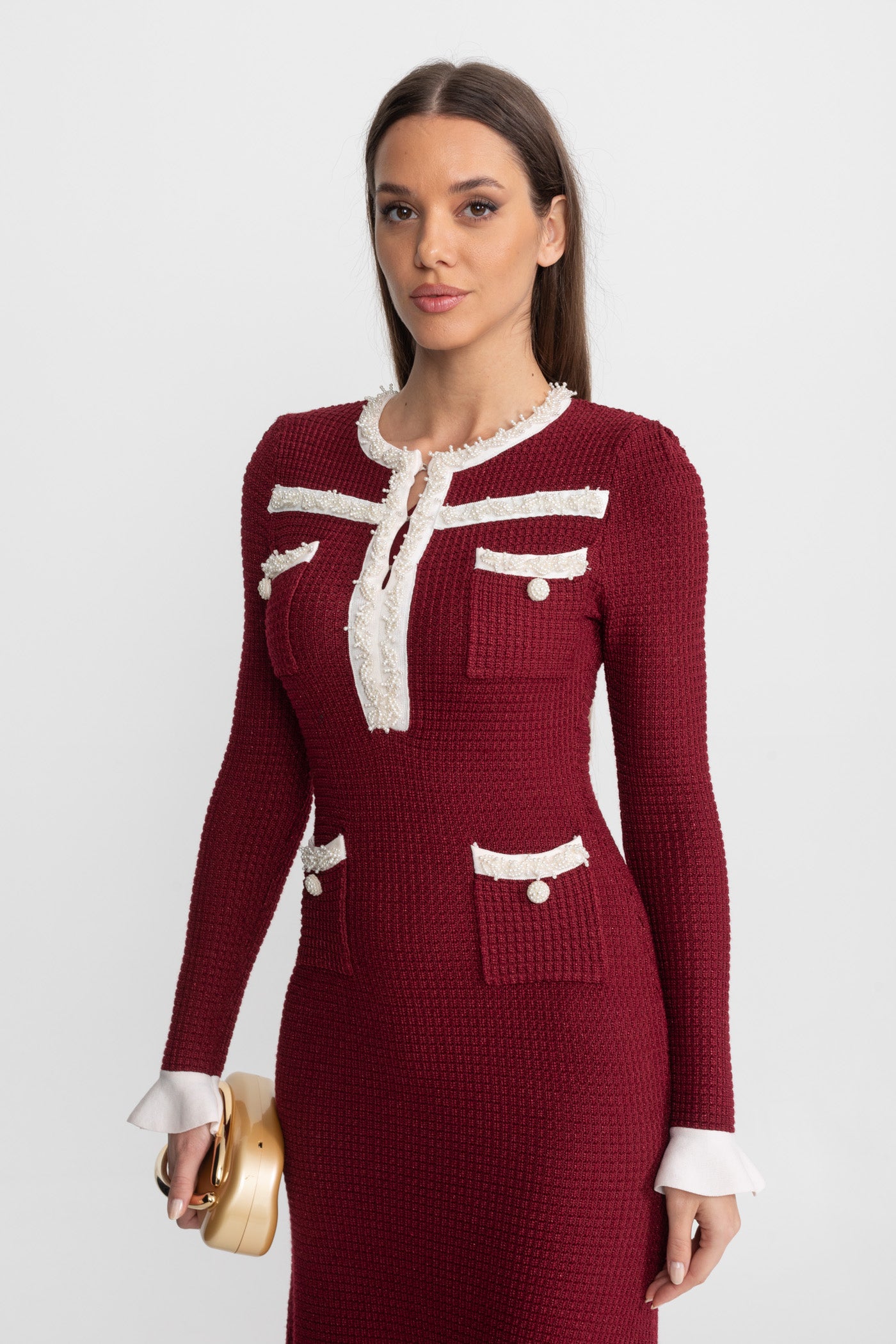 Robe Midi Texturée avec Bordure Brodée Contrastée – Burgundy