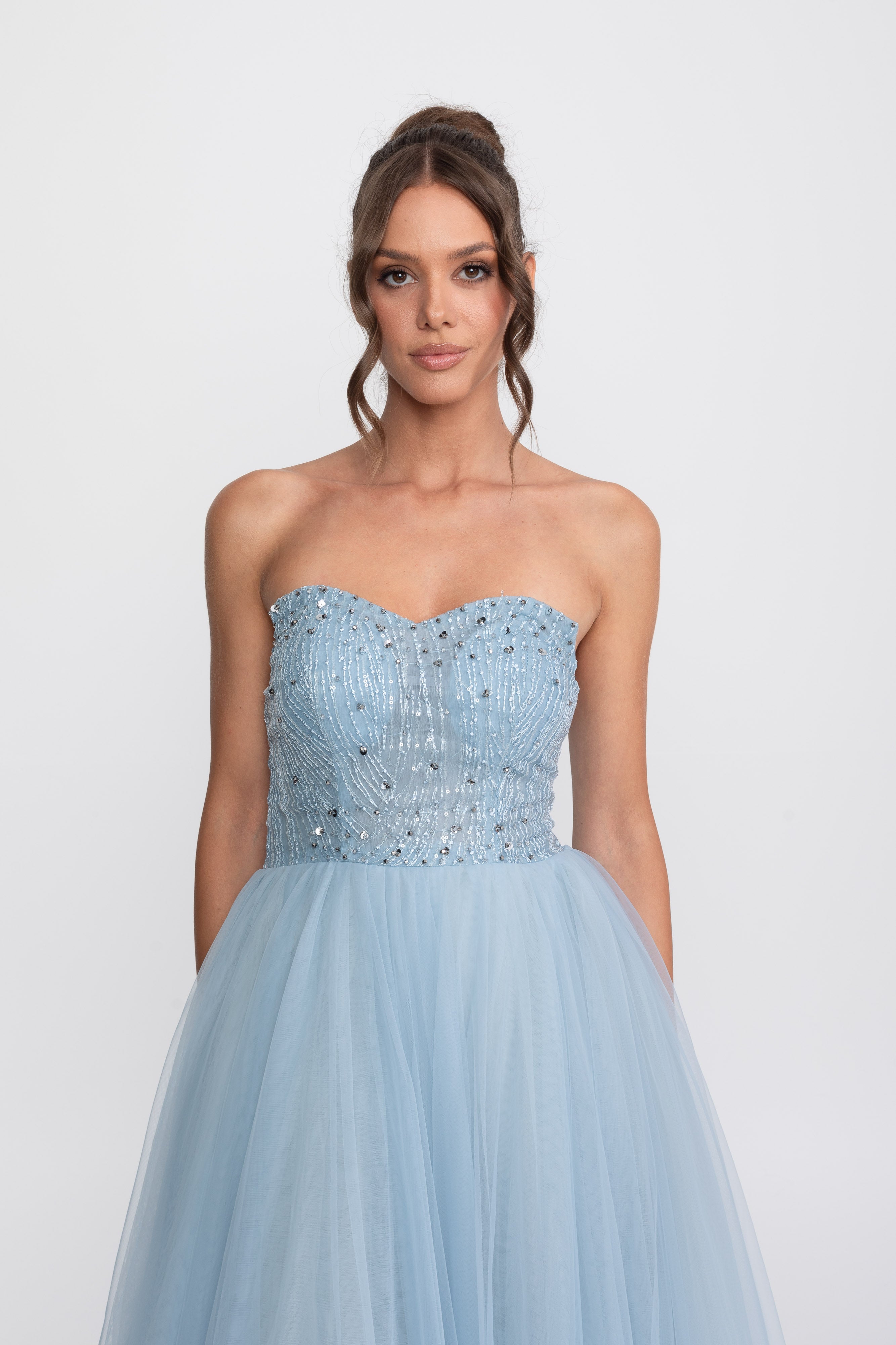 Tulle Strapless Ball Gown With Sequin Embellishments - Light Blue