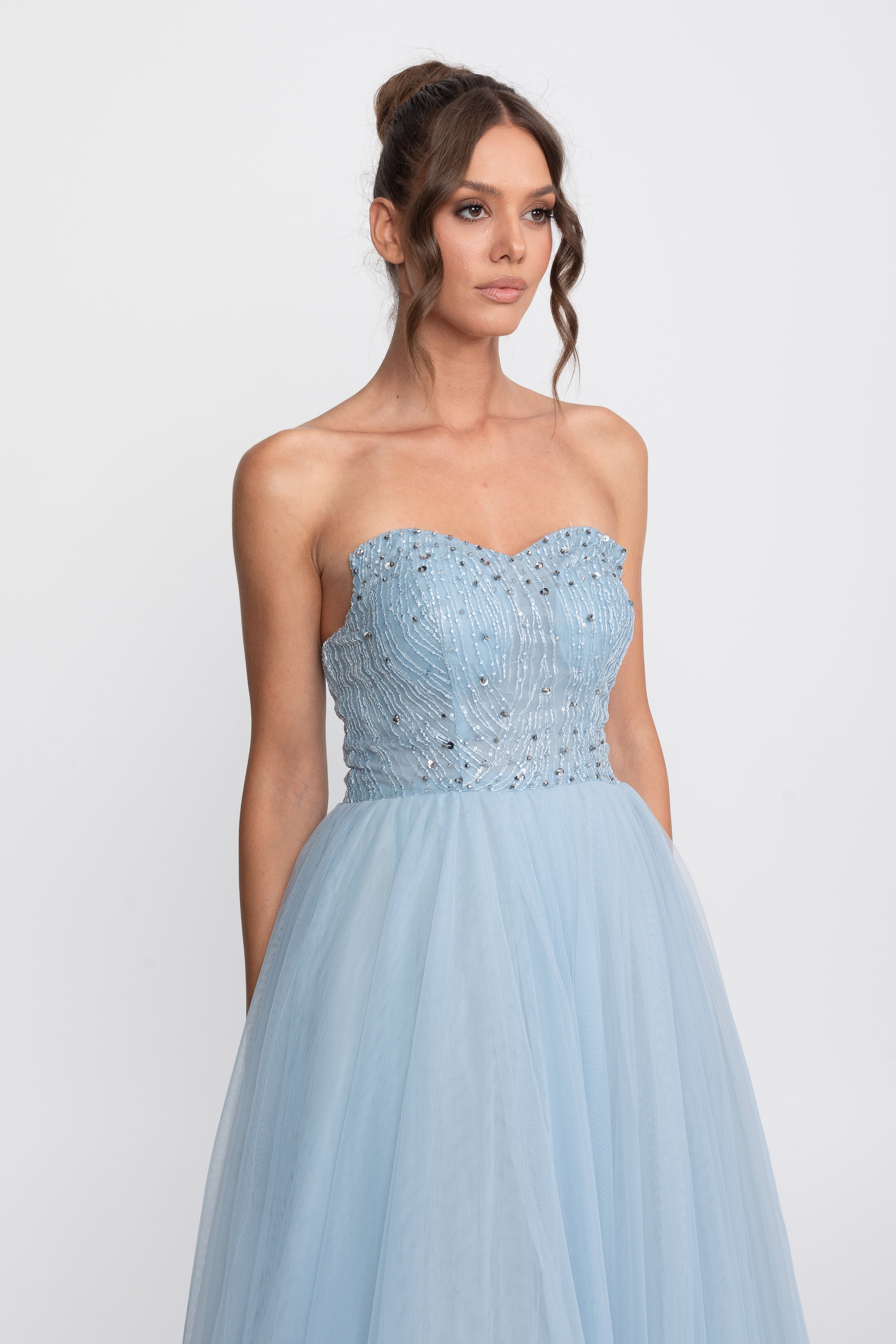Tulle Strapless Ball Gown With Sequin Embellishments - Light Blue