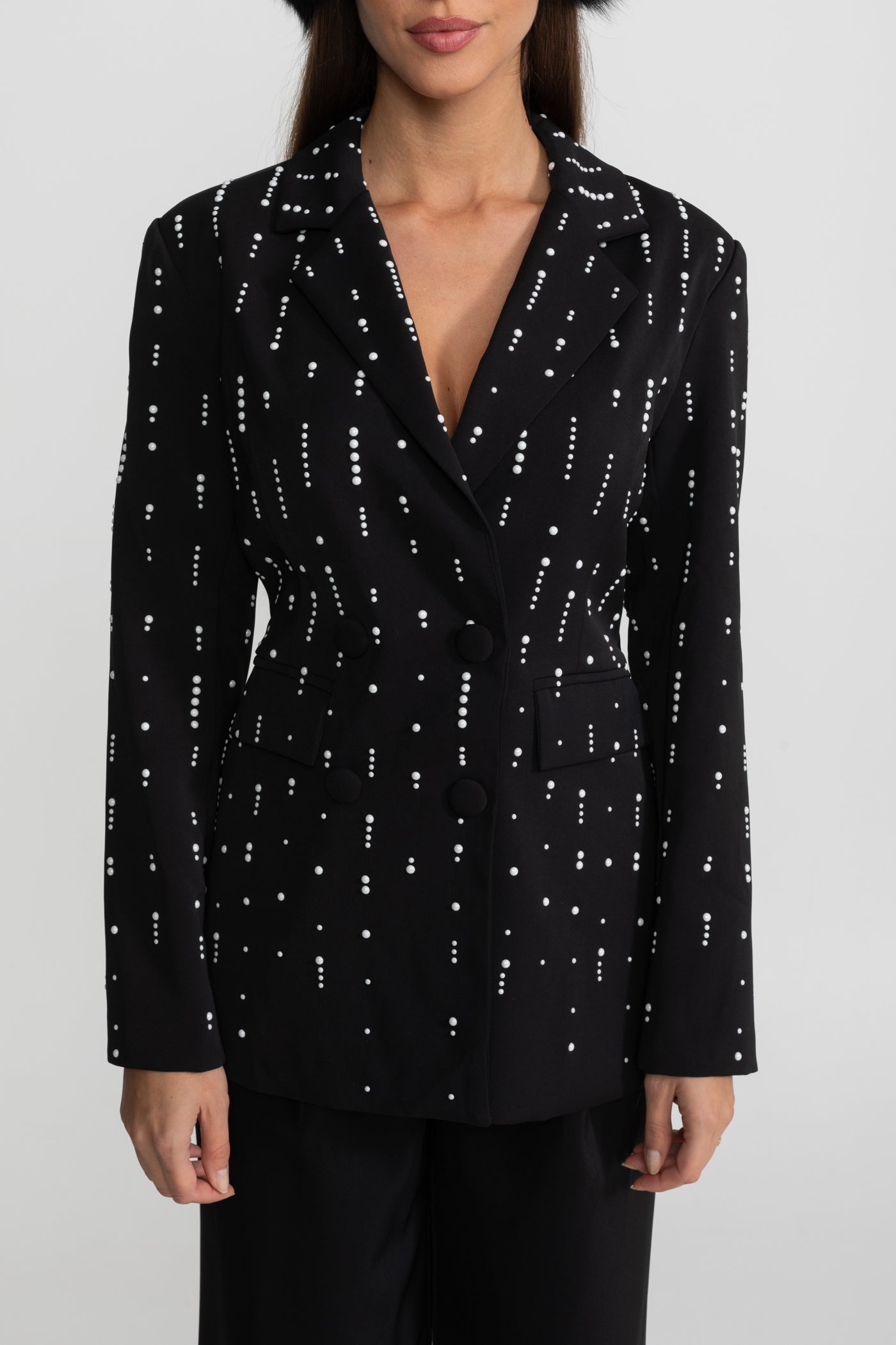 Blazer sur mesure avec ornements de perles blanches - Noir
