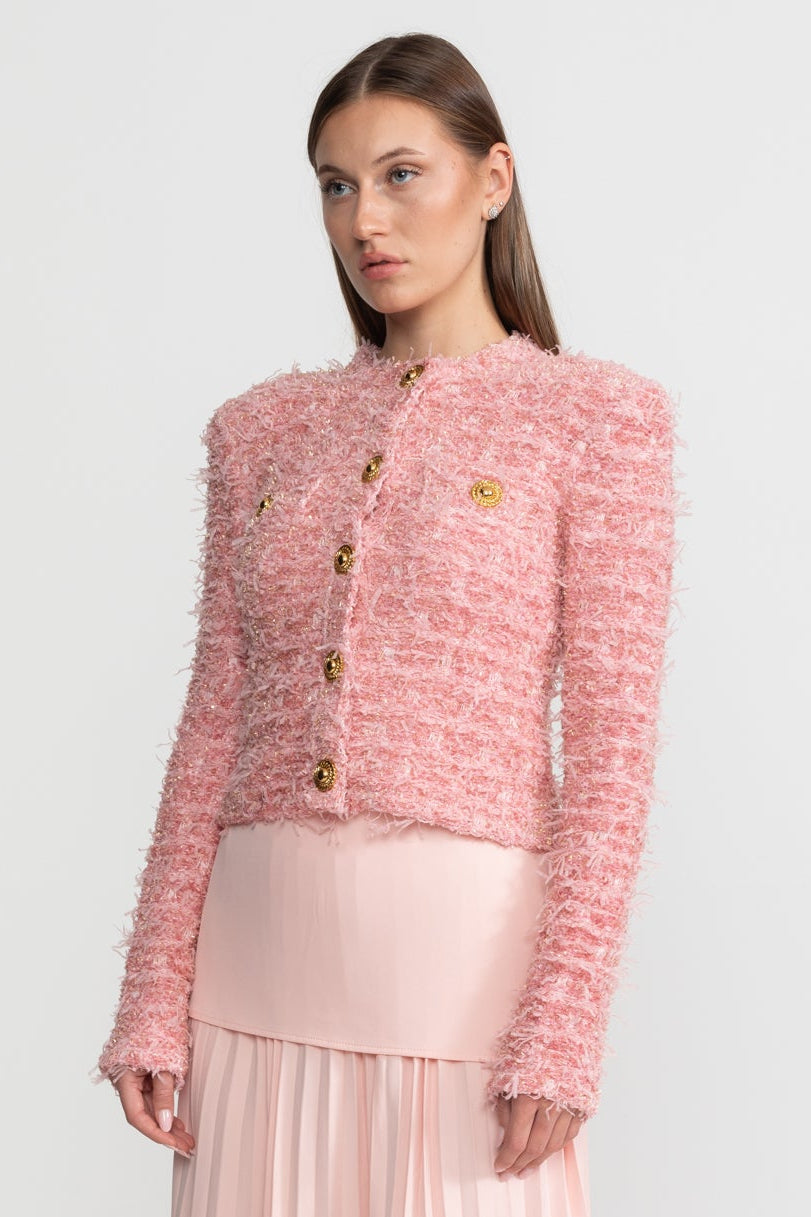 Veste en tweed texturé avec ornements de boutons dorés – Rose
