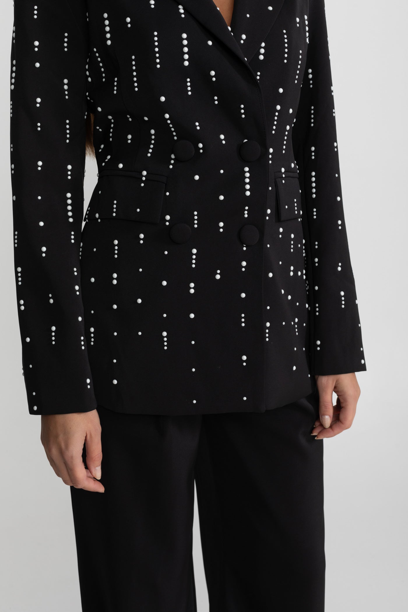 Blazer sur mesure avec ornements de perles blanches - Noir