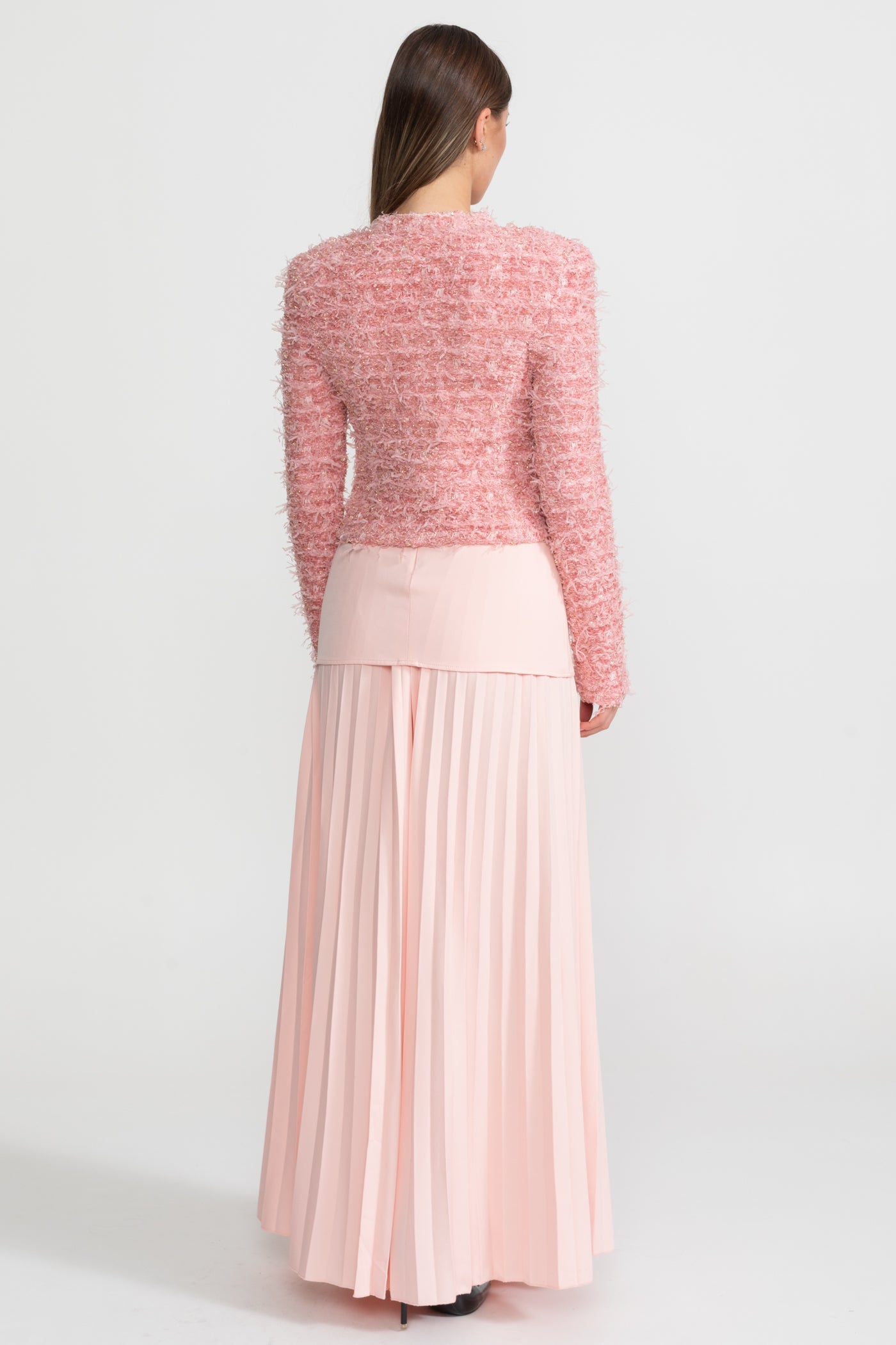 Veste en tweed texturé avec ornements de boutons dorés – Rose