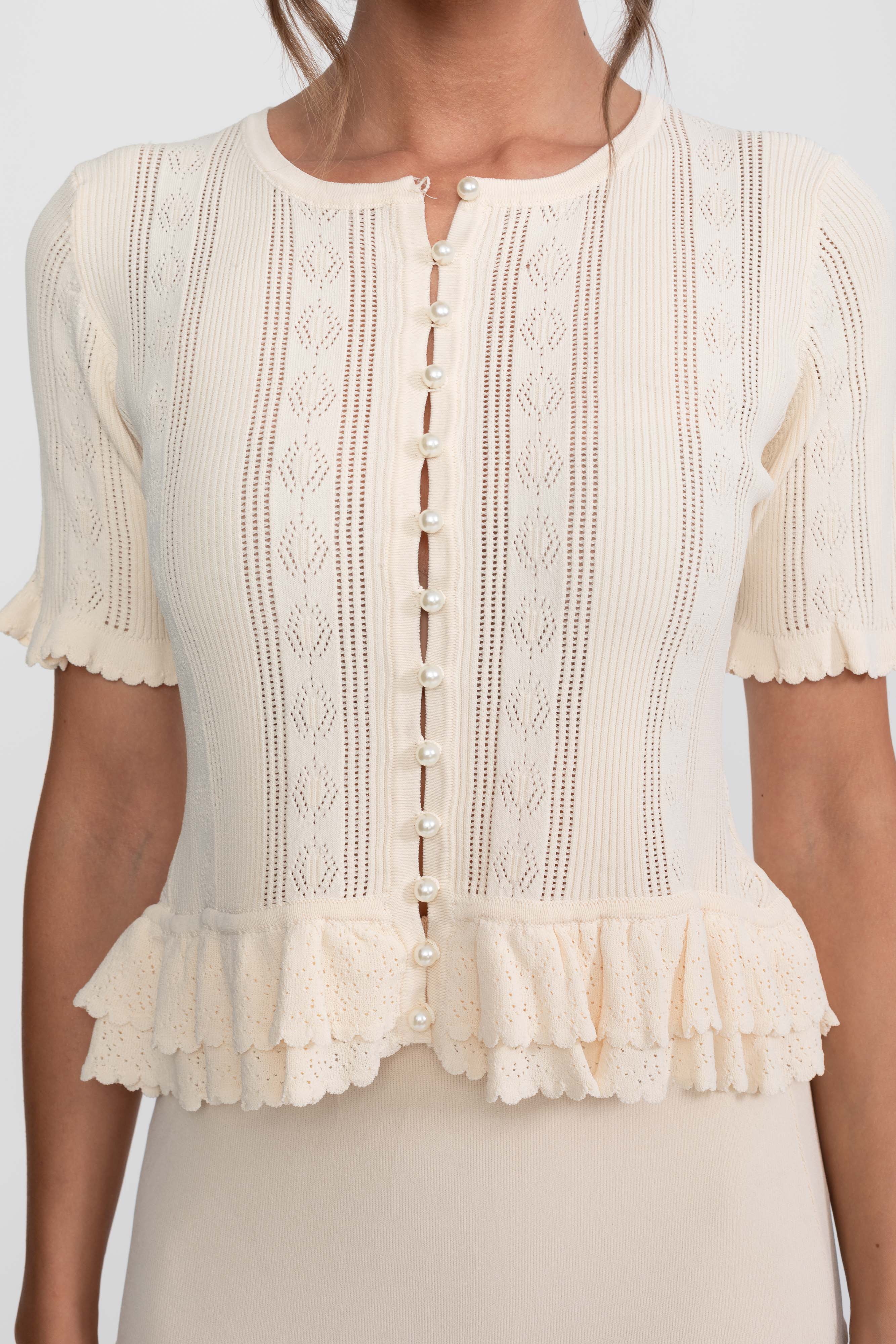 Ensemble coordonné en maille deux pièces avec taille à volants - Ivoire
