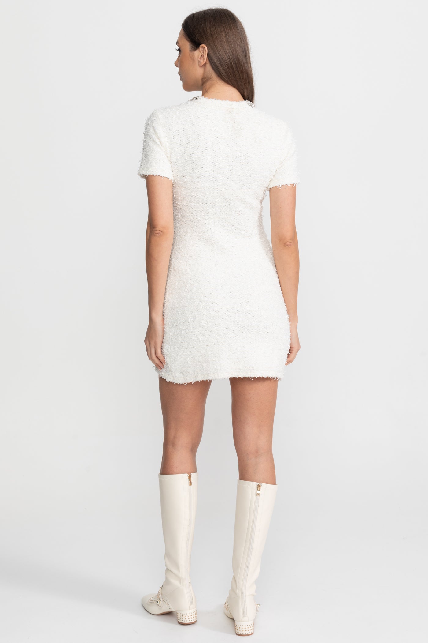Robe Mini en Tweed Ornée de Cristaux sur les Boutons – Blanc