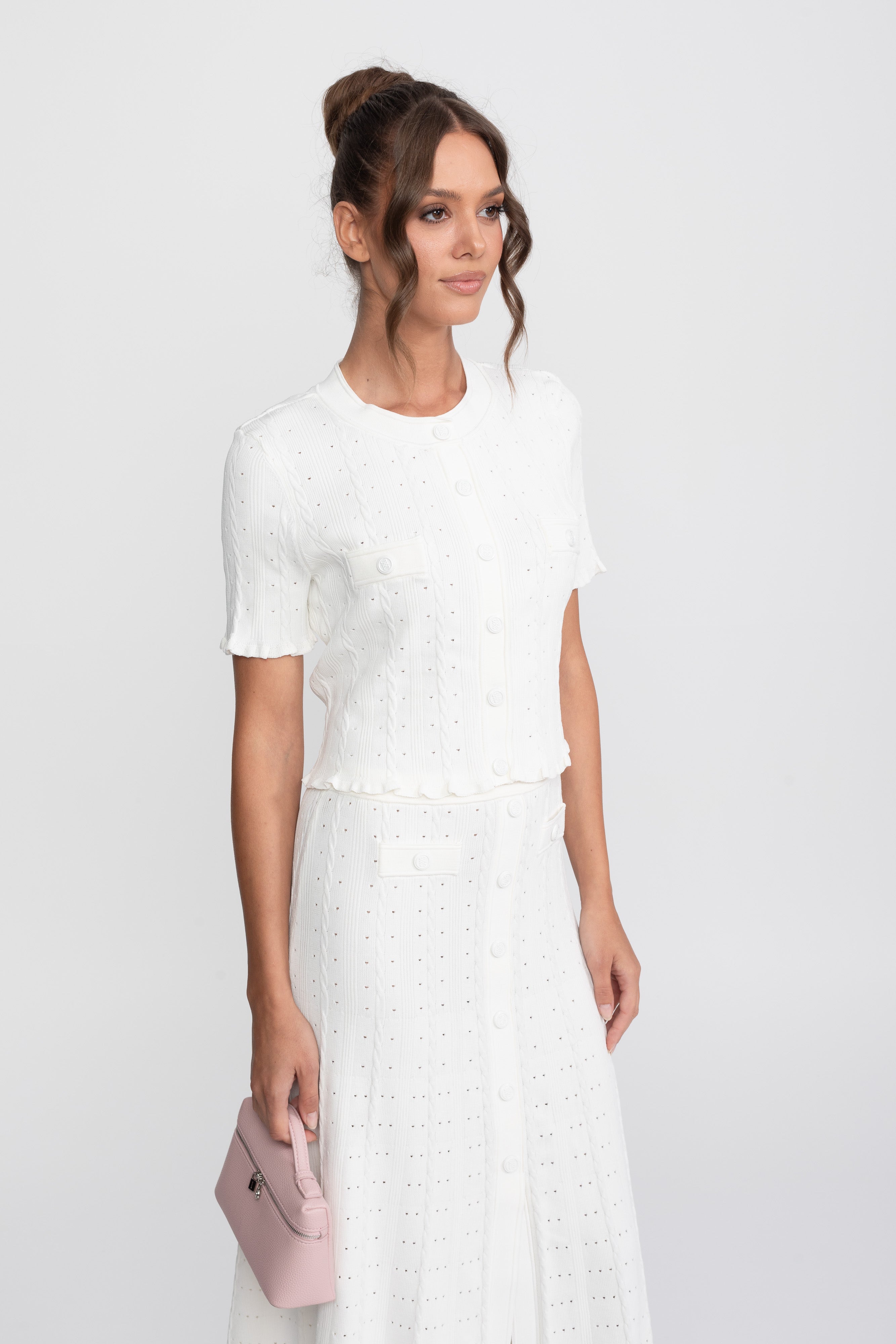 Ribbed Knit Co-Ord Set With Buttoned Front Cardigan And Matching Maxi Skirt - White
