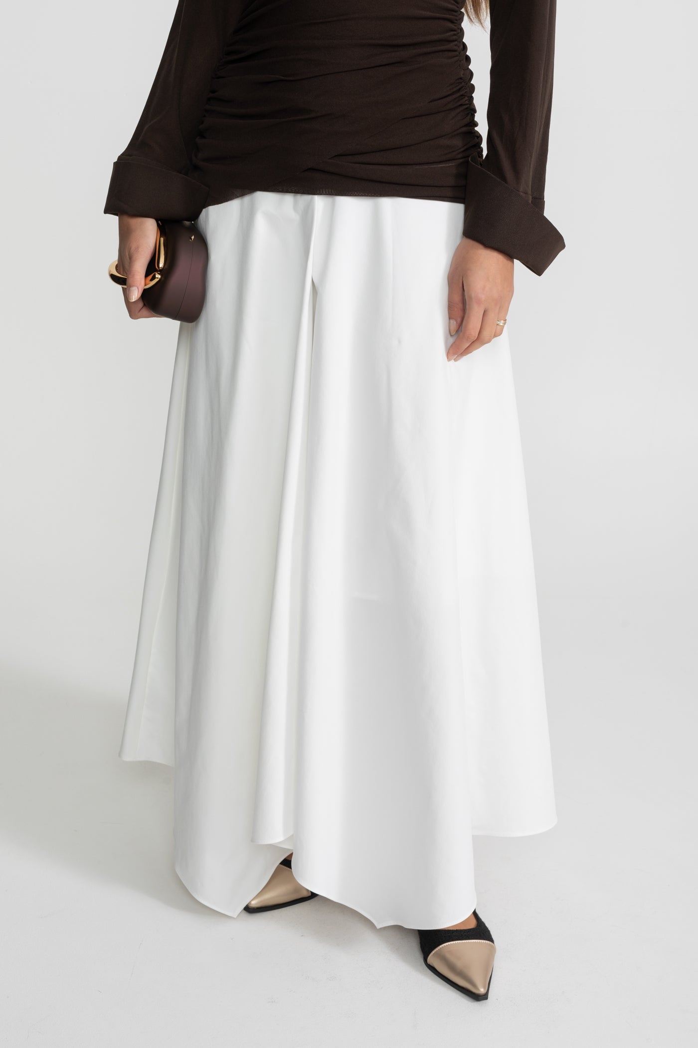 Robe Maxi à Manches Longues avec Corsage Froncé – Marron & Blanc
