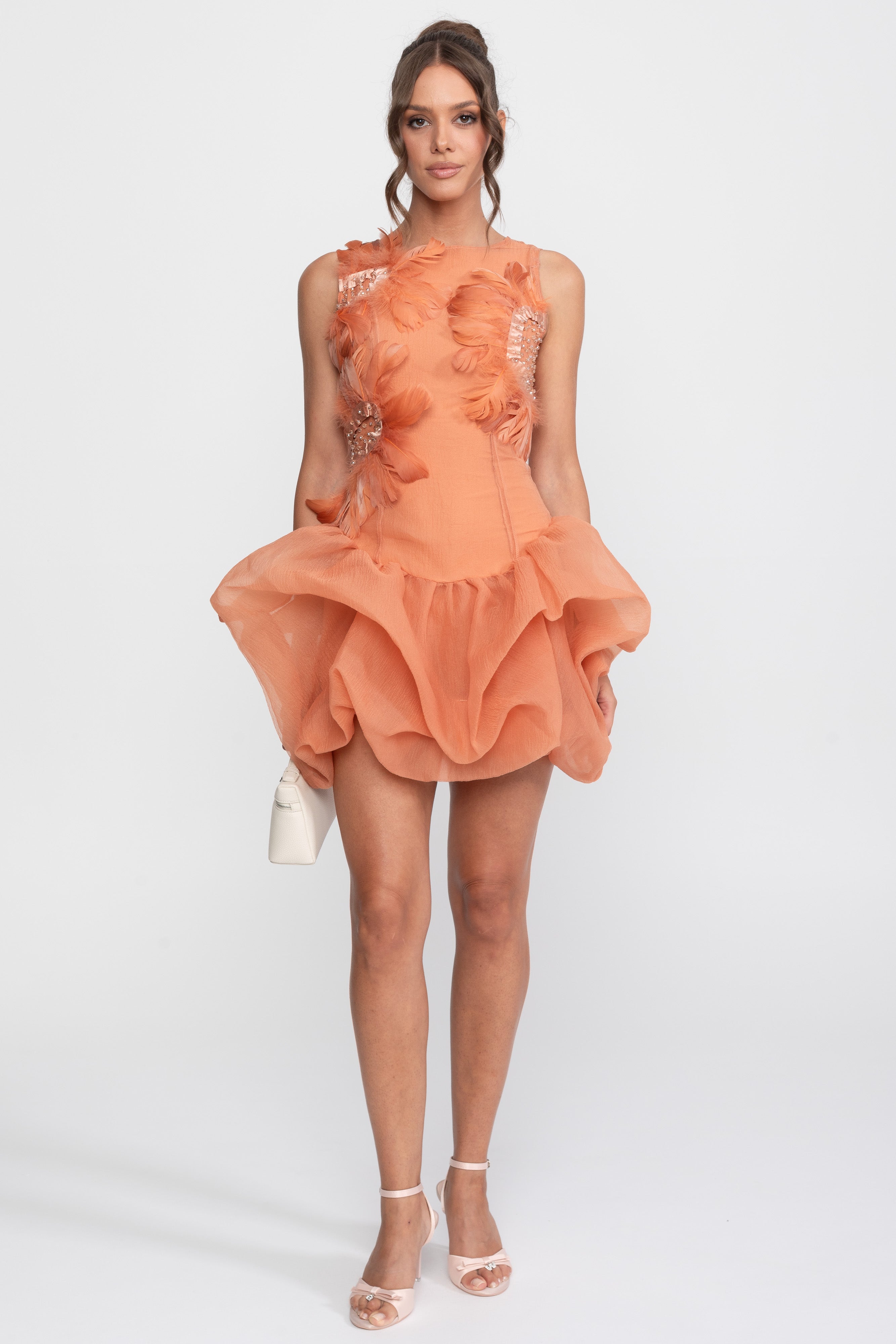 Mini-robe péplum avec appliqué plumes 3D et perles de cristal - Orange