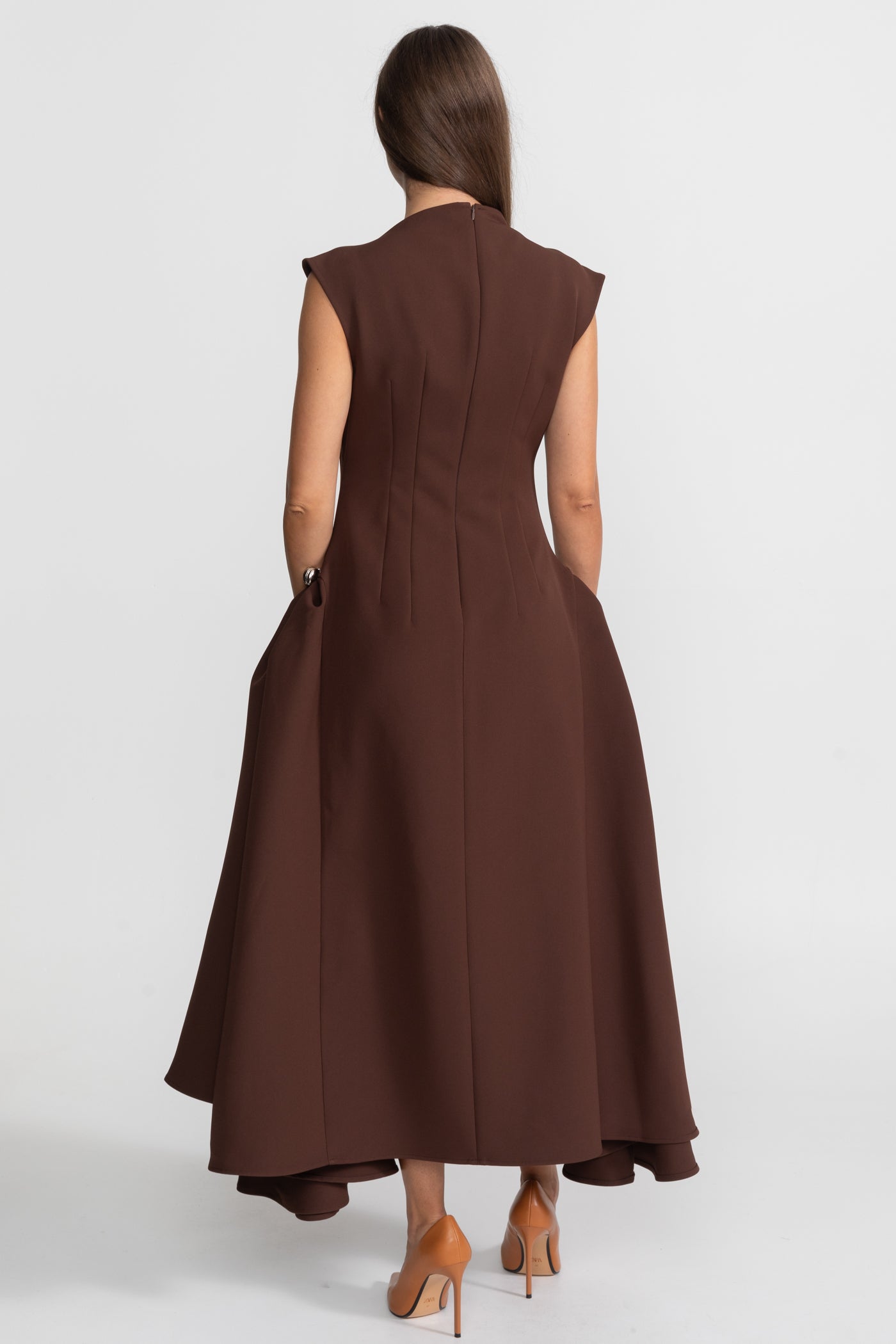 Structured Midi Dress with High-Low Hem and Metal Ring Details - Brown