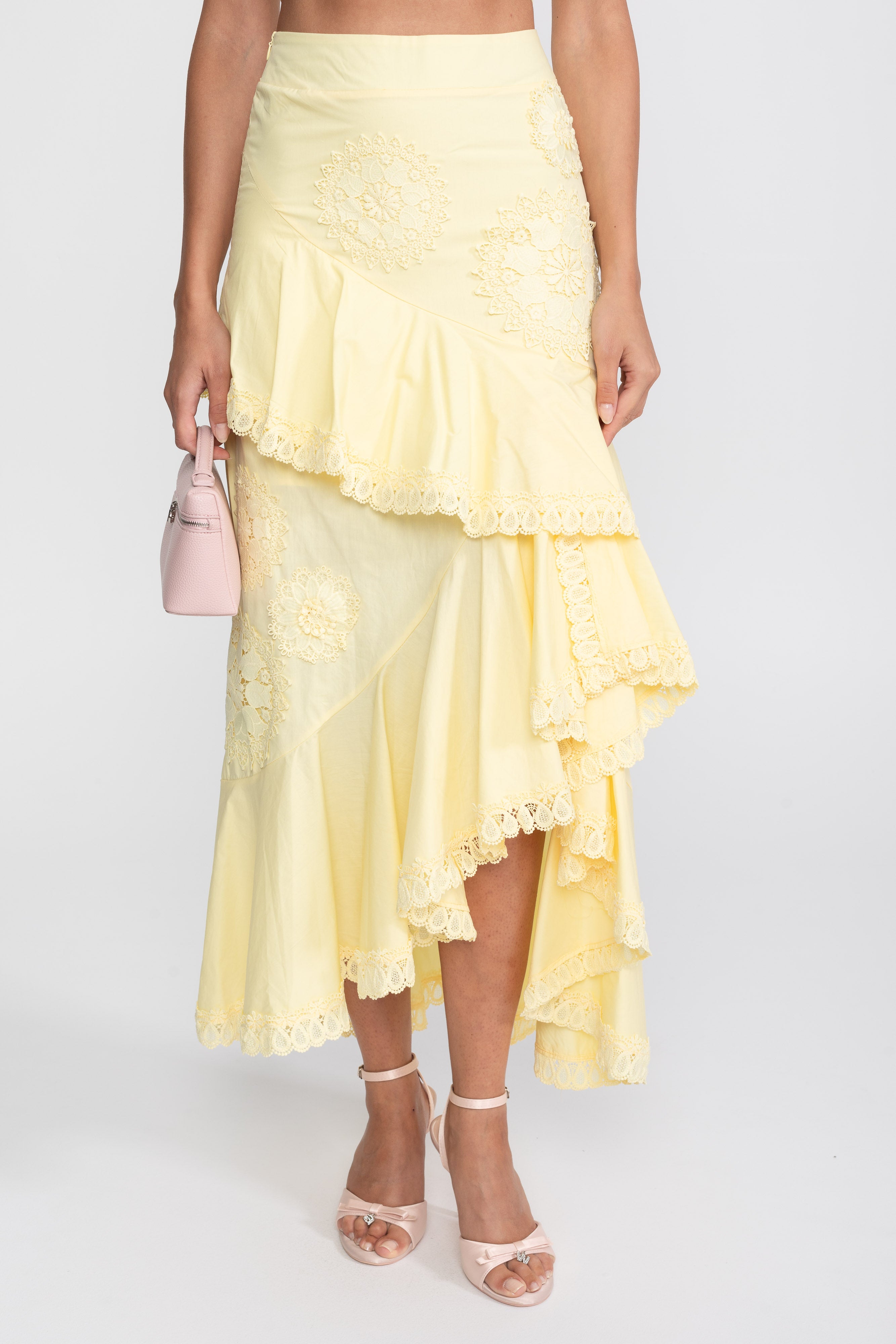 Crochet Medallion Two-Piece Set With Ruffled Maxi Skirt - Yellow