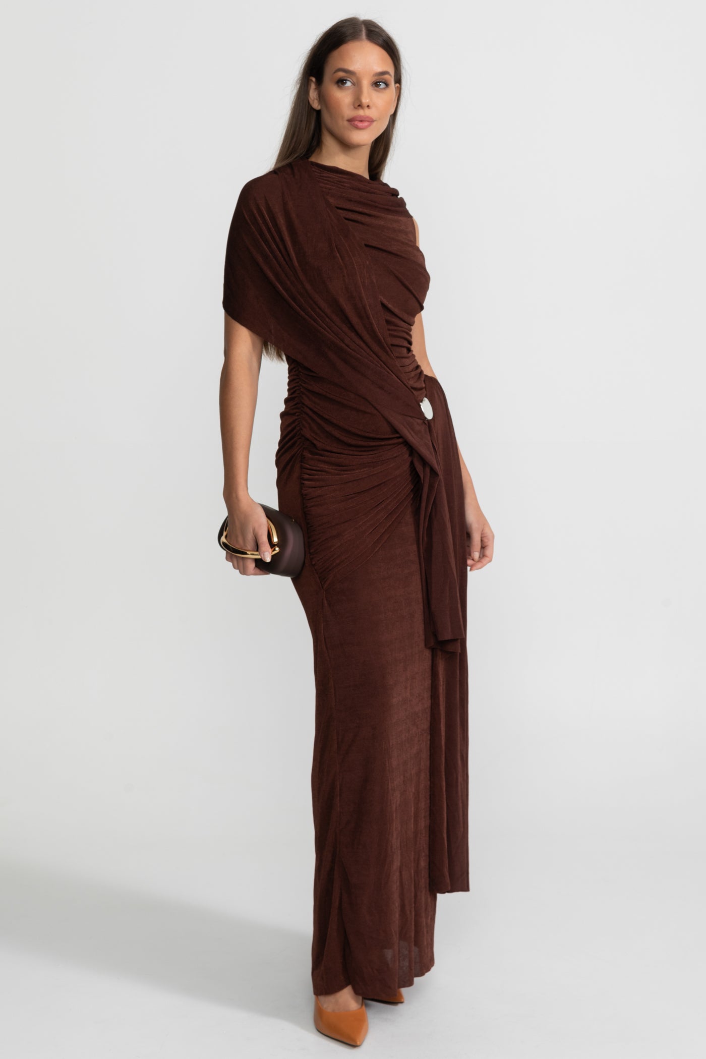 Robe Maxi en Jersey Drapé avec Détail Écharpe d'Épaule - Marron