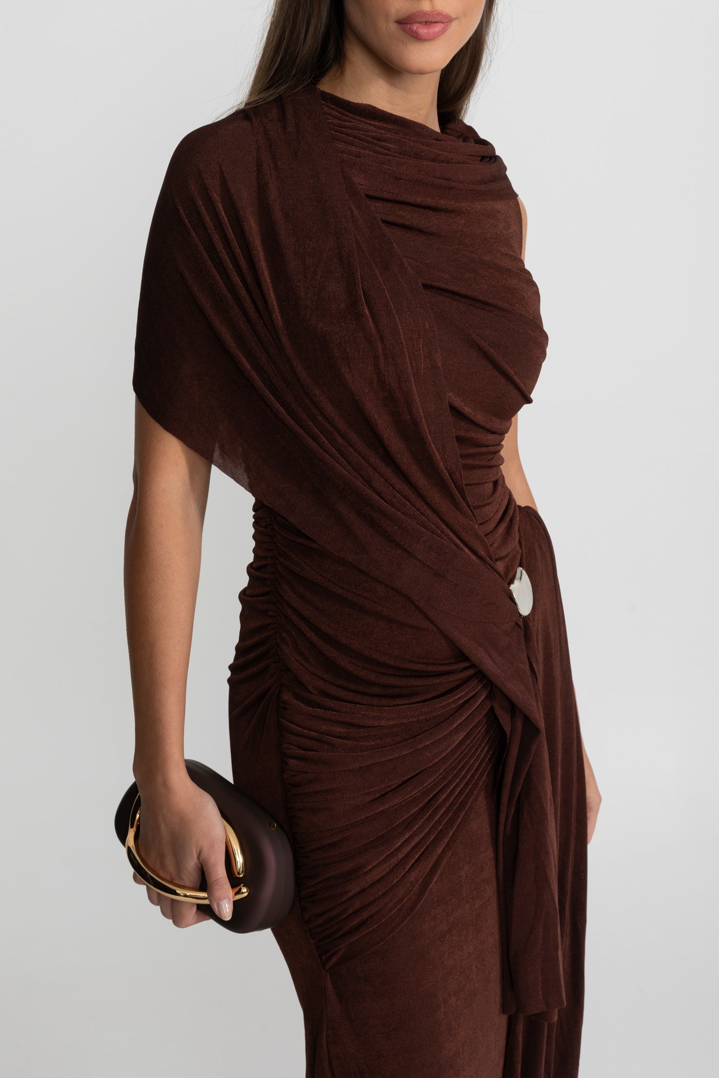 Robe Maxi en Jersey Drapé avec Détail Écharpe d'Épaule - Marron