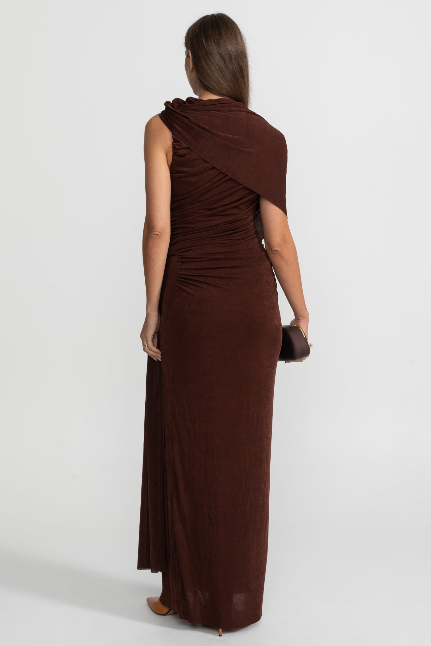 Robe Maxi en Jersey Drapé avec Détail Écharpe d'Épaule - Marron