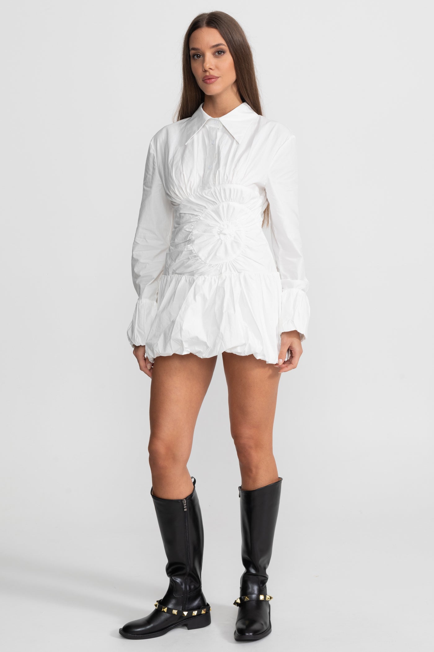 Chemisier Mini Robe avec Détail Froncé Circulaire à la Taille - Blanc