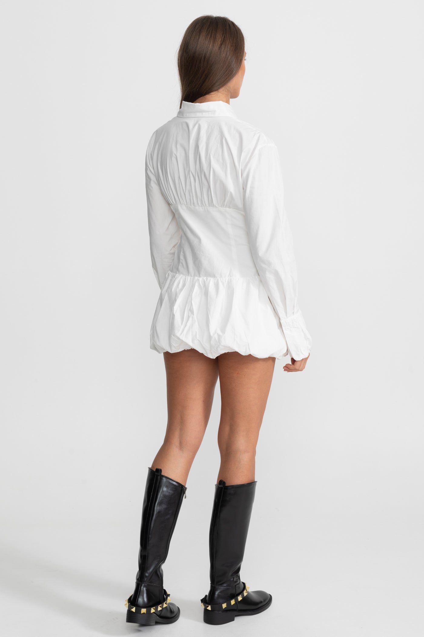 Chemisier Mini Robe avec Détail Froncé Circulaire à la Taille - Blanc