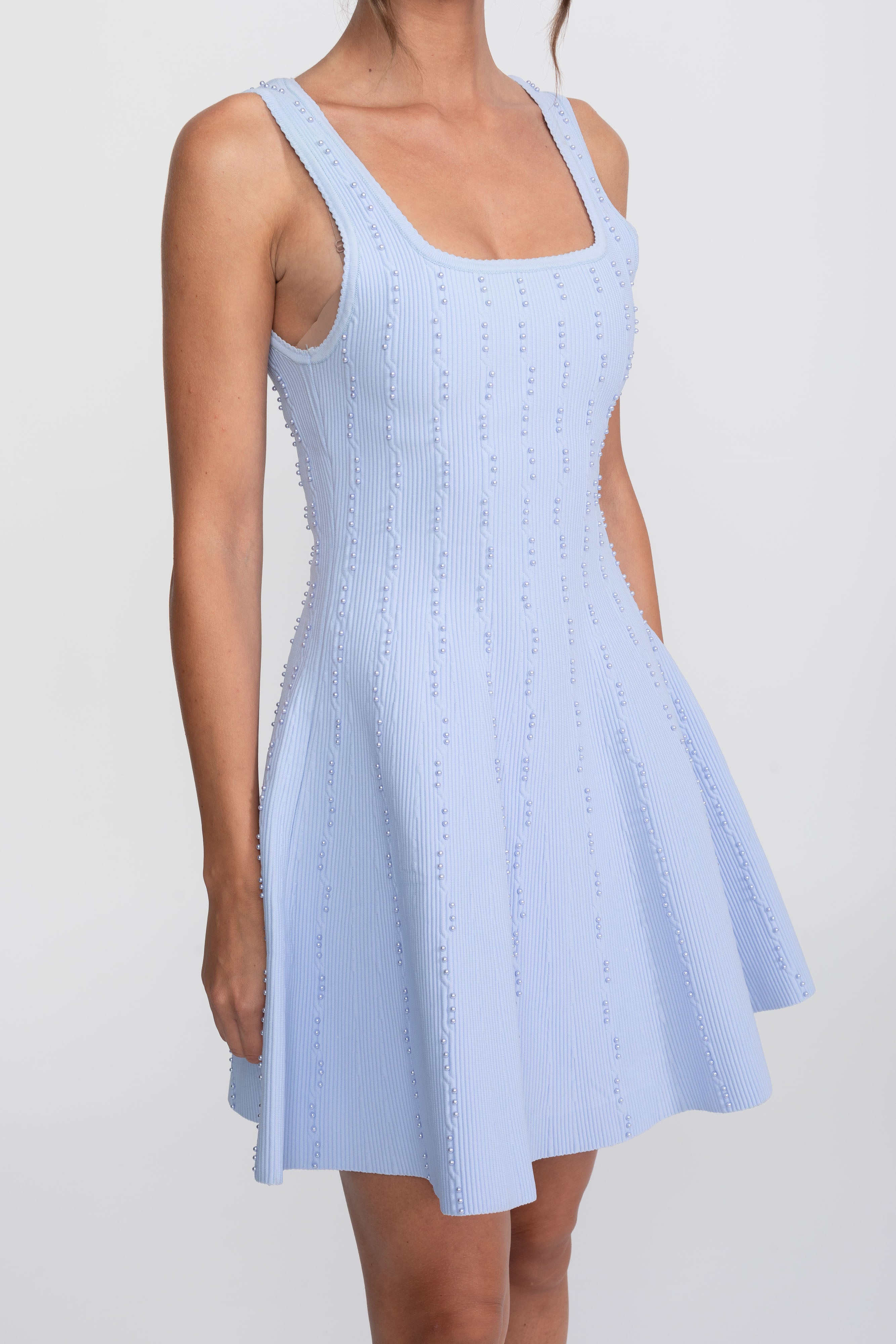 Robe courte côtelée à col carré avec perles - Bleu clair