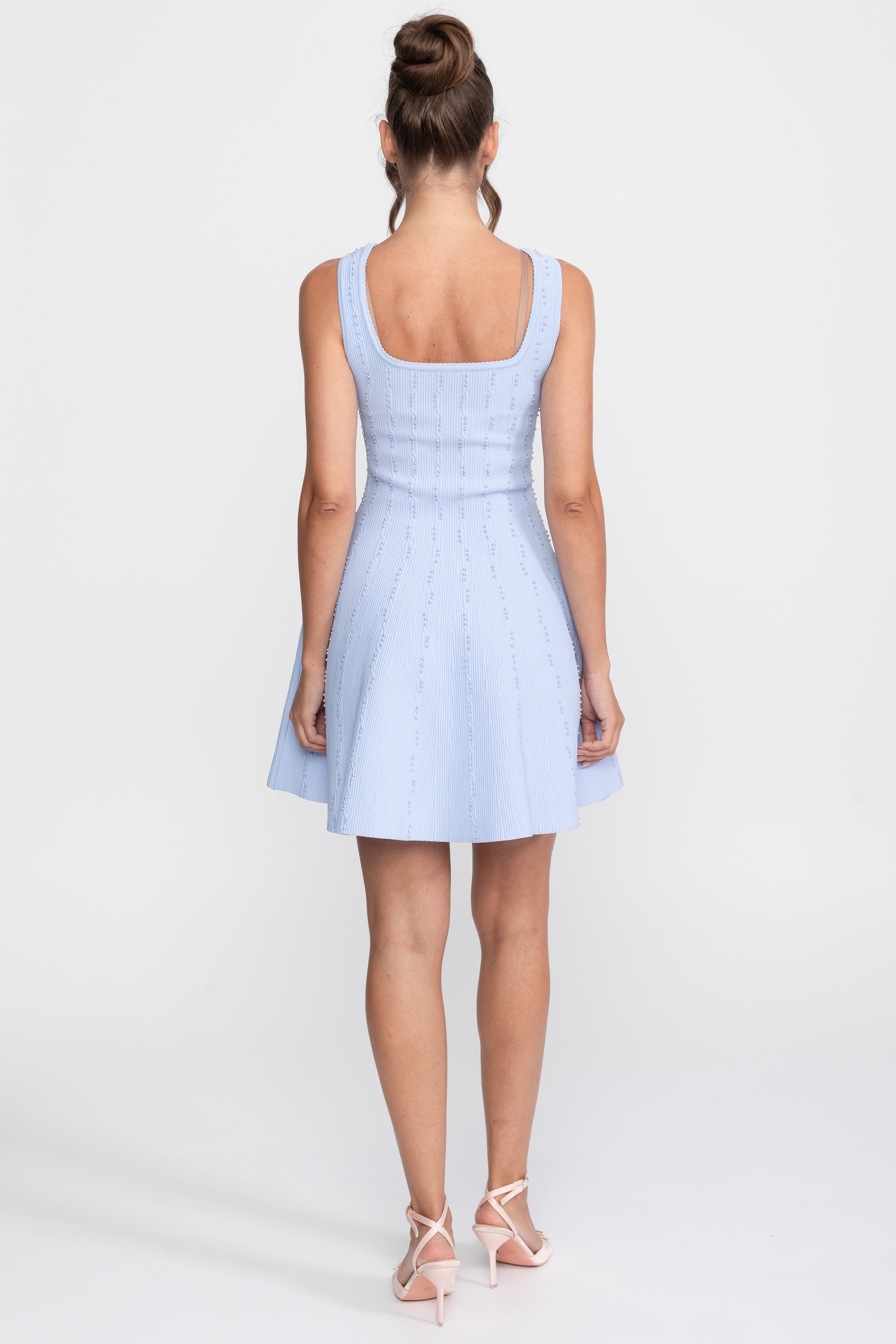 Robe courte côtelée à col carré avec perles - Bleu clair
