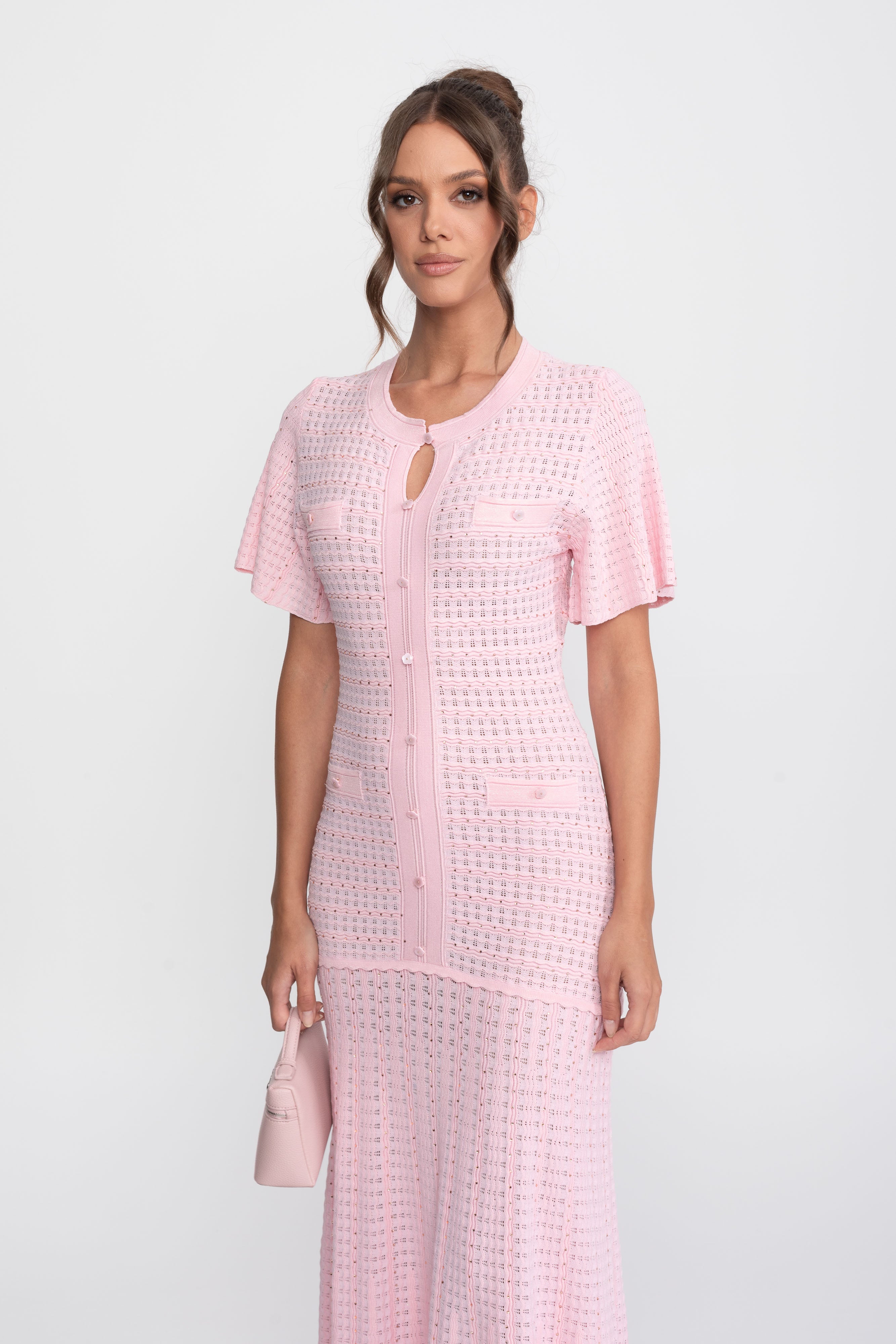 Robe midi à manches courtes avec texture en maille scintillante - Pink