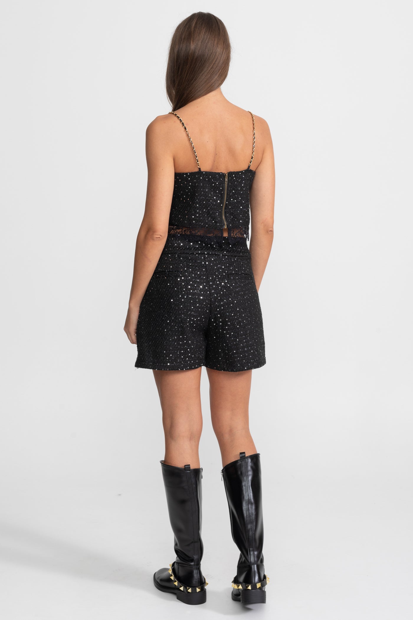 Ensemble Coordonné 3 Pièces Orné avec Veste Courte, Top à Bordure en Dentelle et Short Taille Haute – Noir