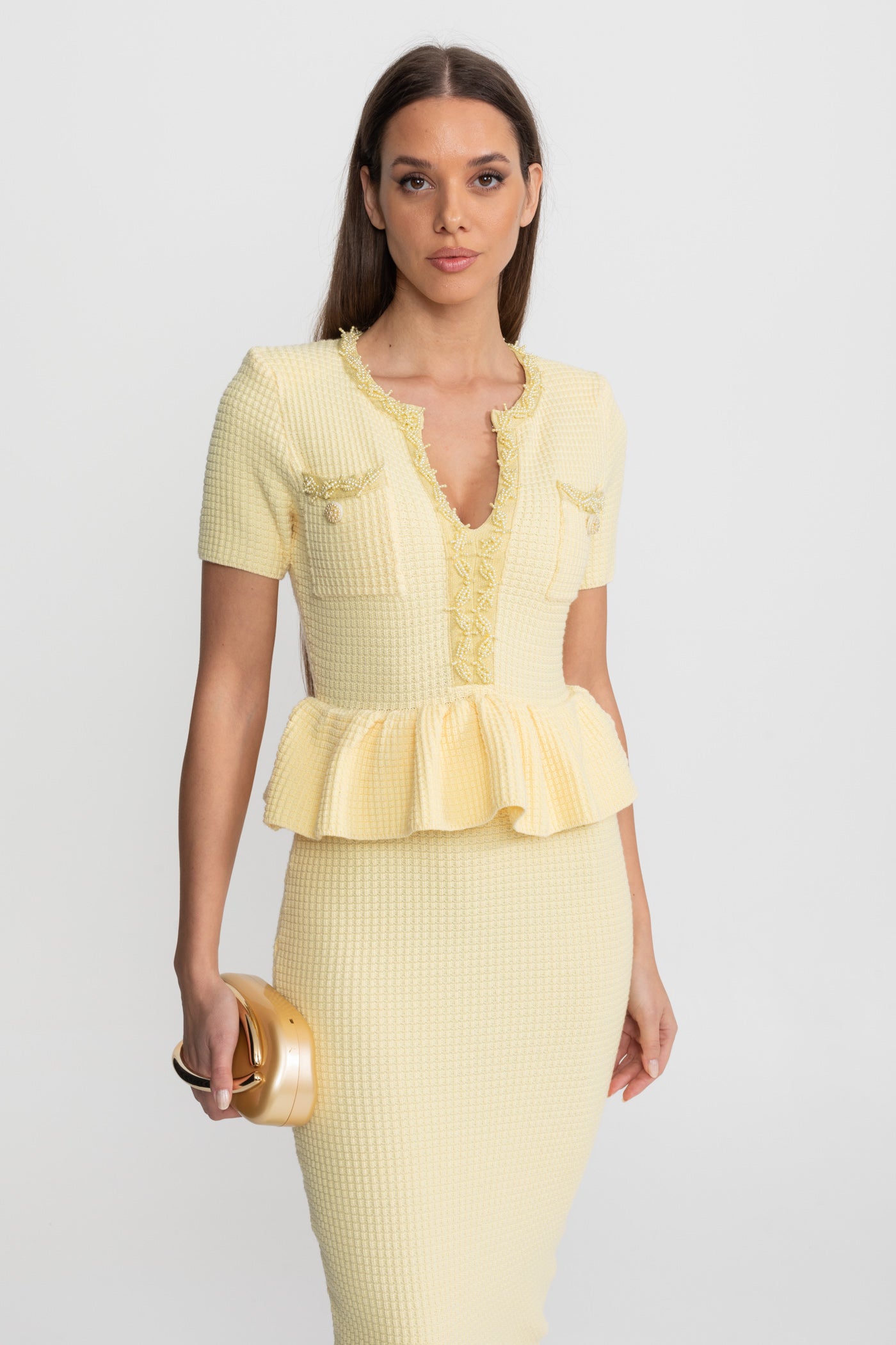 Robe Midi en Maille Texturée avec Détail Taille Peplum – Jaune