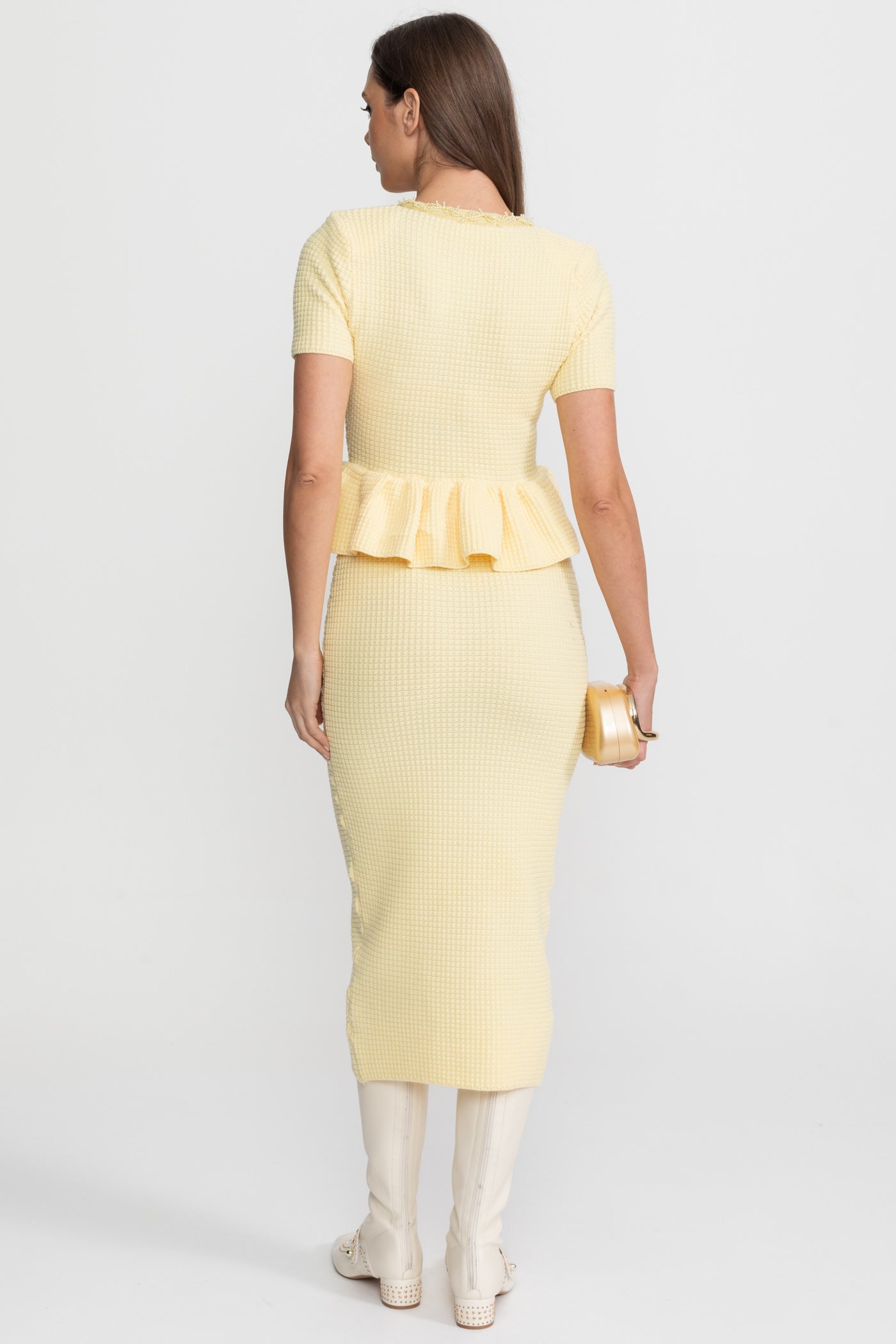 Robe Midi en Maille Texturée avec Détail Taille Peplum – Jaune