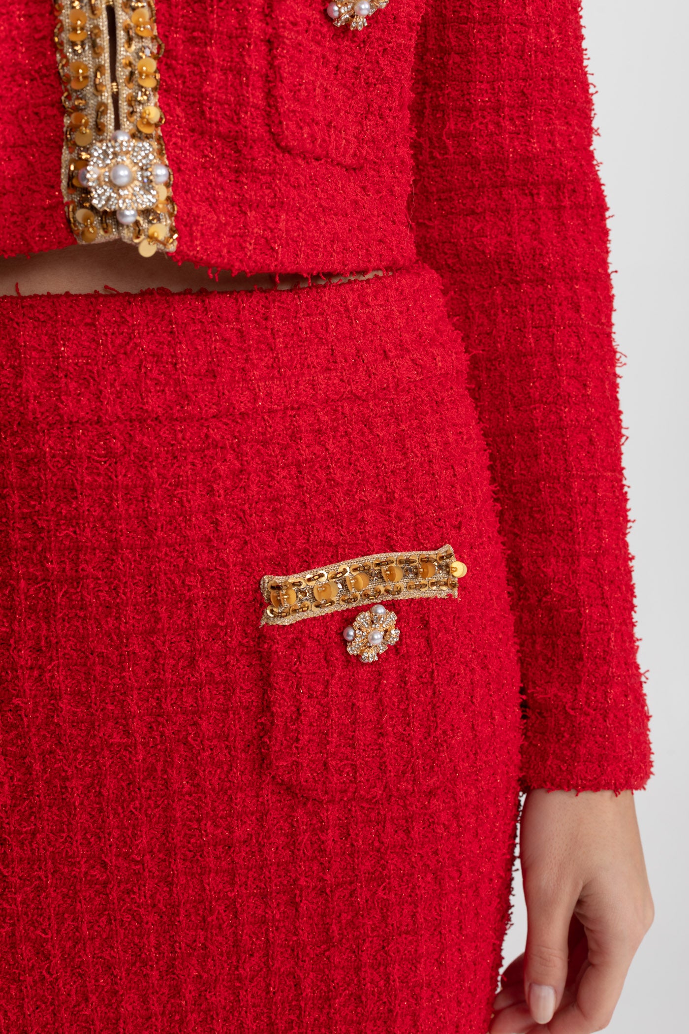 Textured Tweed Co-Ord Set with Gold Trim and Crystal Buttons – Red