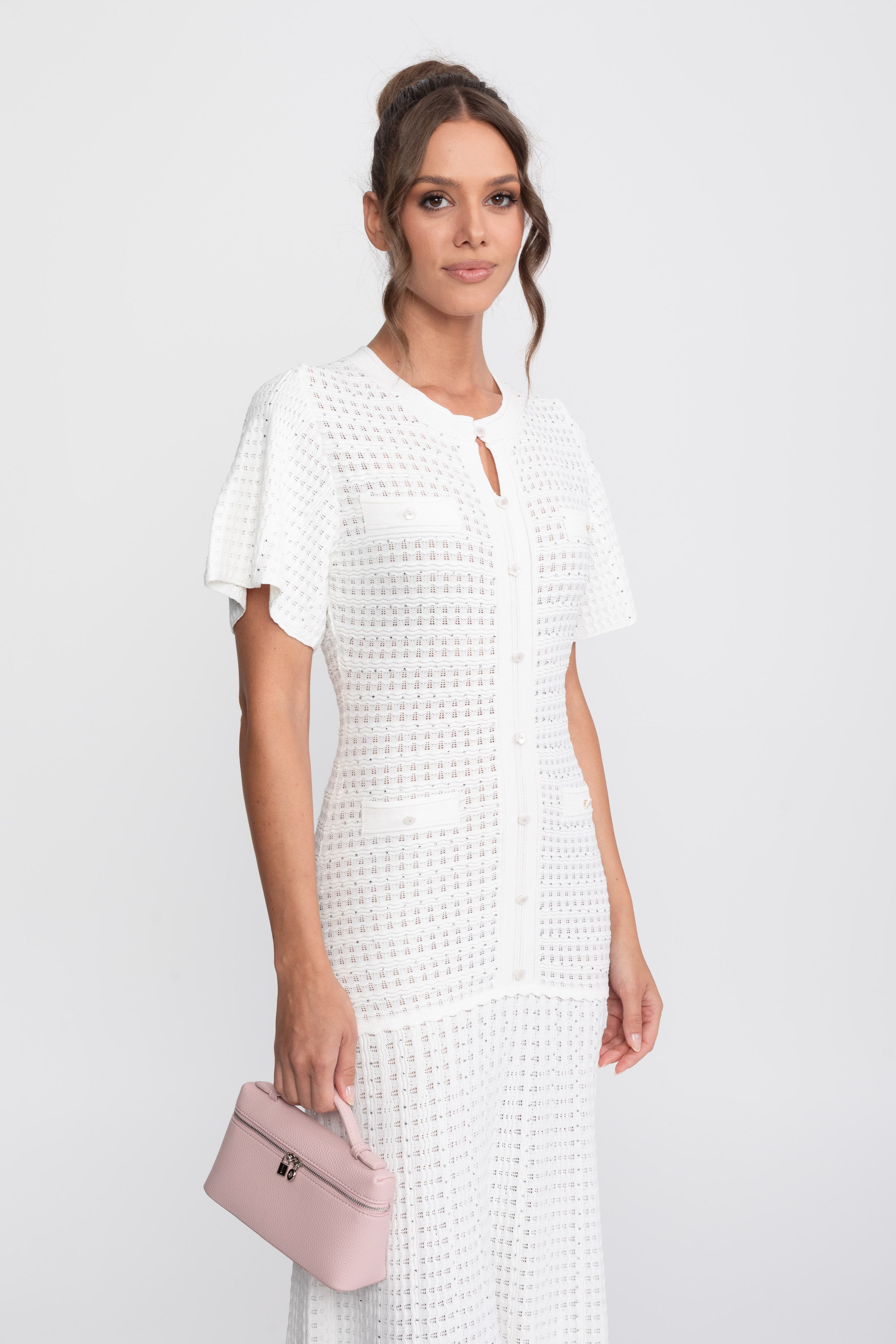 Robe midi à manches courtes avec texture en maille scintillante - Blanc