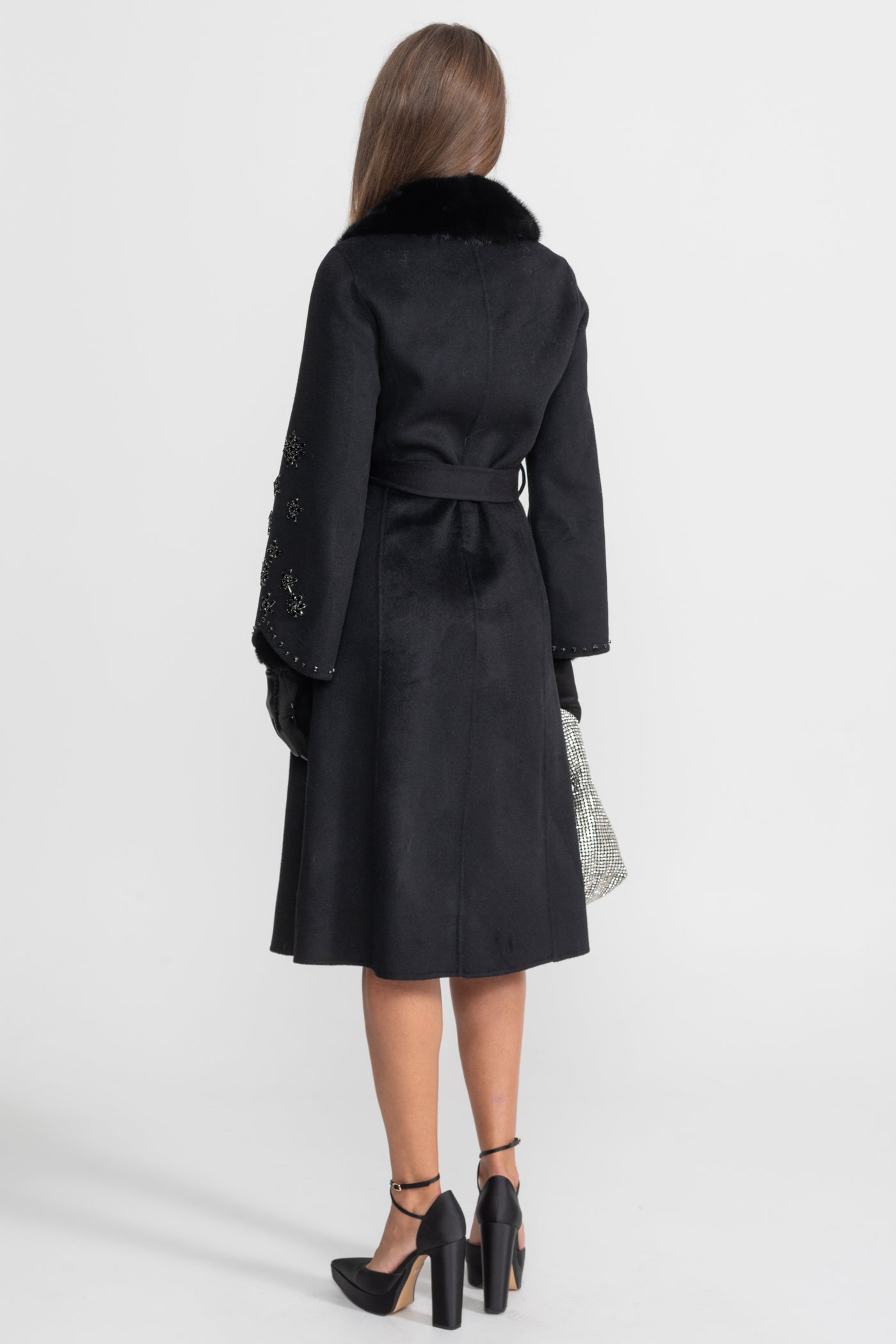 Embellished Wool Overcoat With Fox Fur Collar – Black