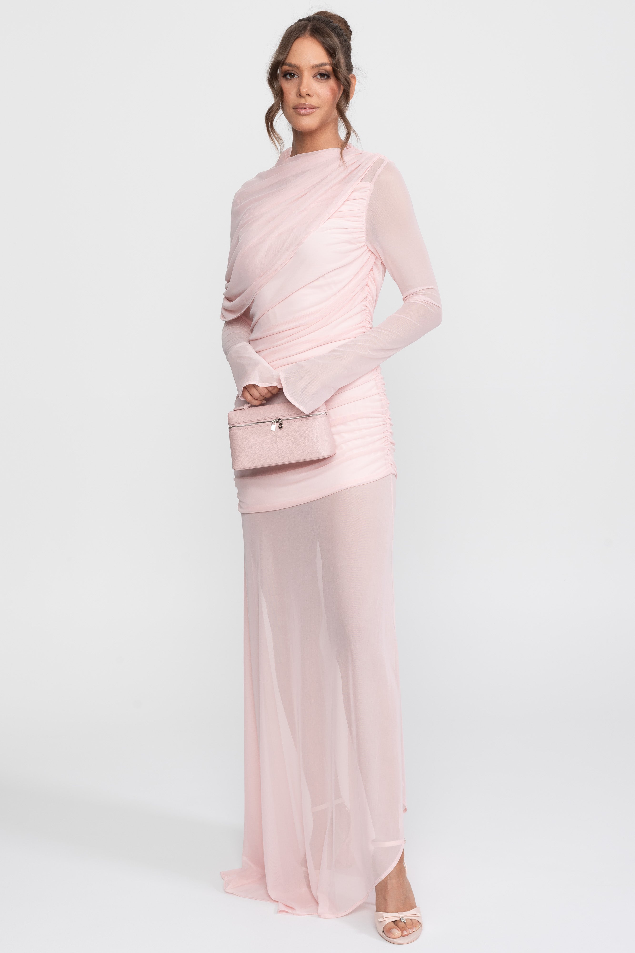 Robe longue à épaule drapée avec jupe transparente - Rose