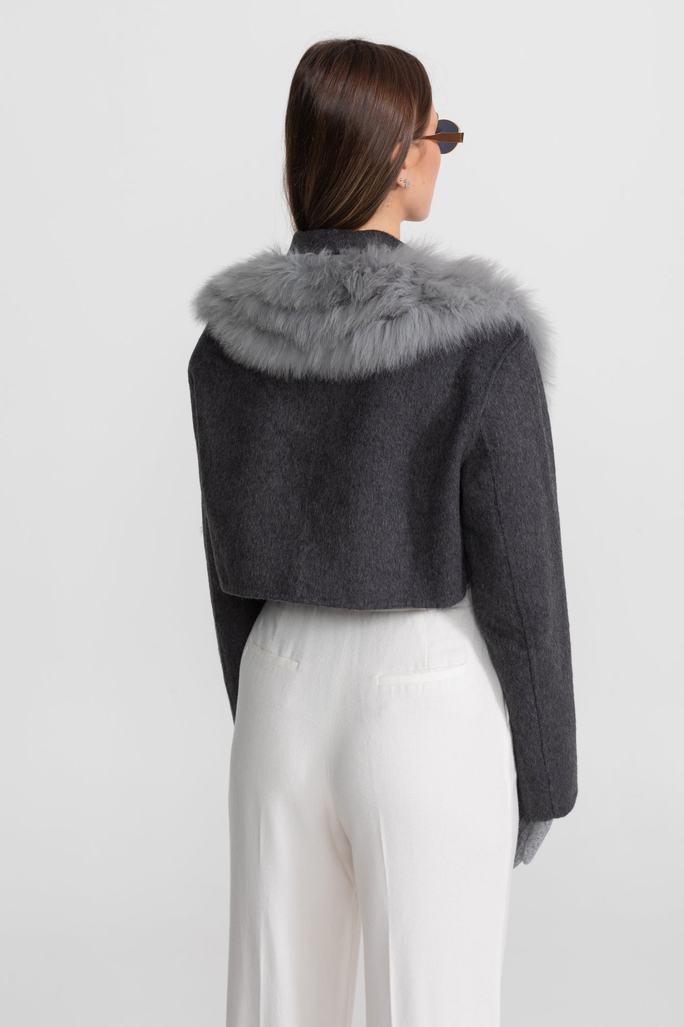 Wool Cropped Jacket with Fox Fur Collar – Charcoal Grey