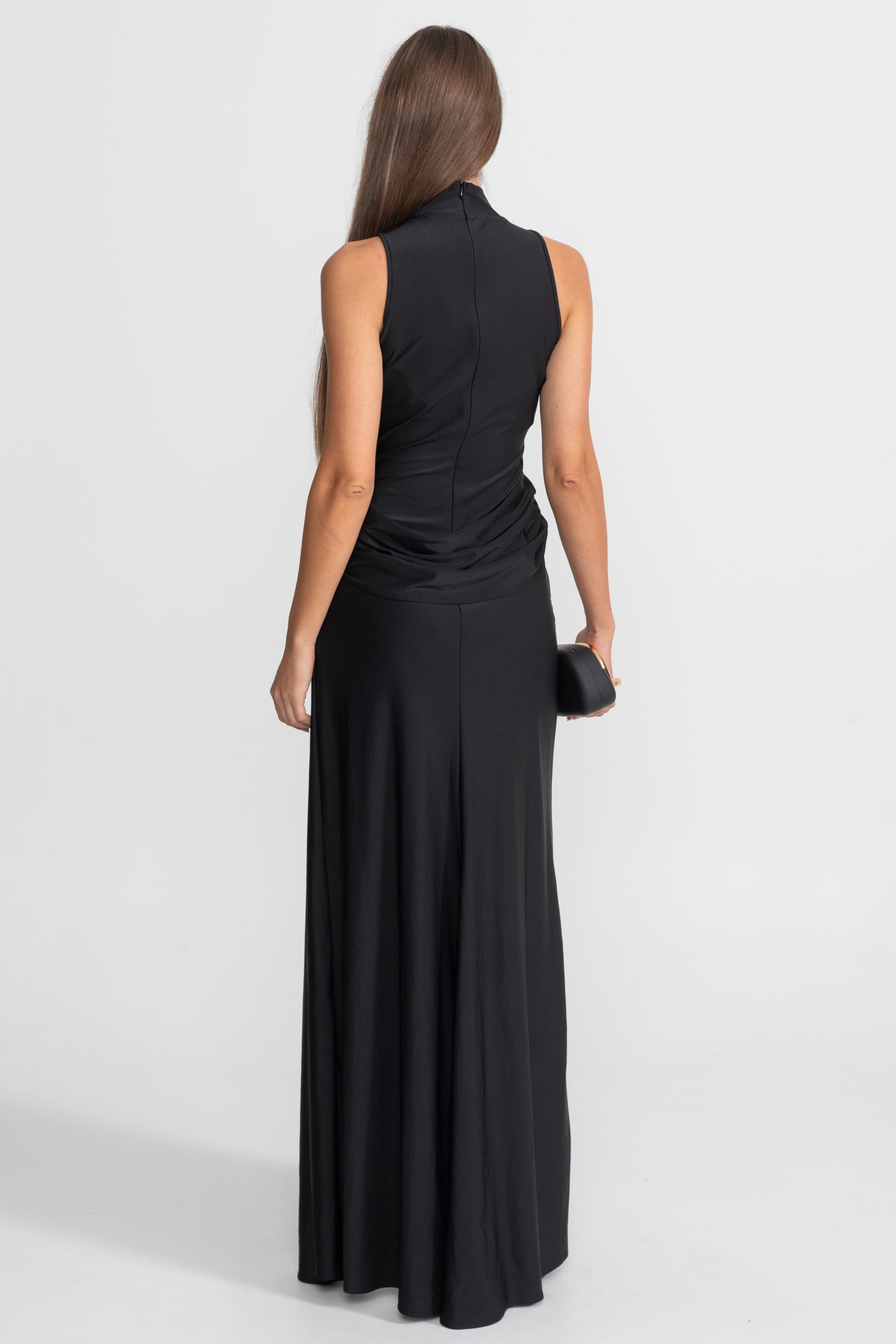 Sleeveless Maxi Dress with Draped Waist and Side Slit - Black