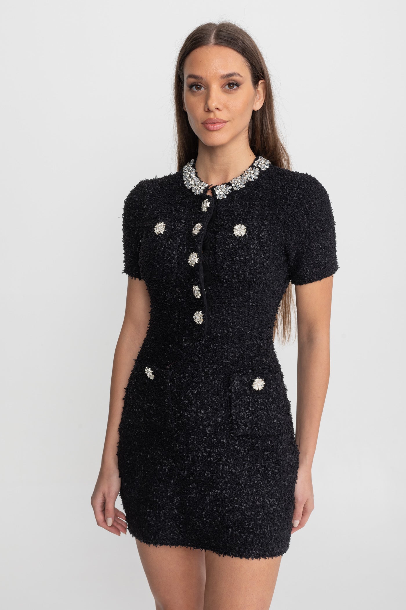 Robe Mini en Tweed Ornée de Boutons en Cristal – Noir