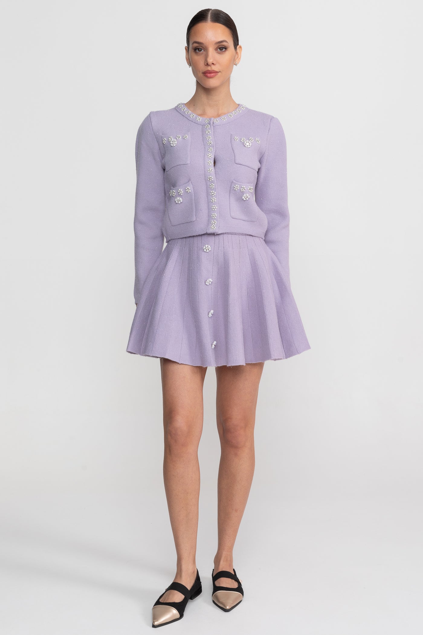 Ensemble en maille coordonné avec cardigan à manches longues et mini-jupe assortie - Lilas