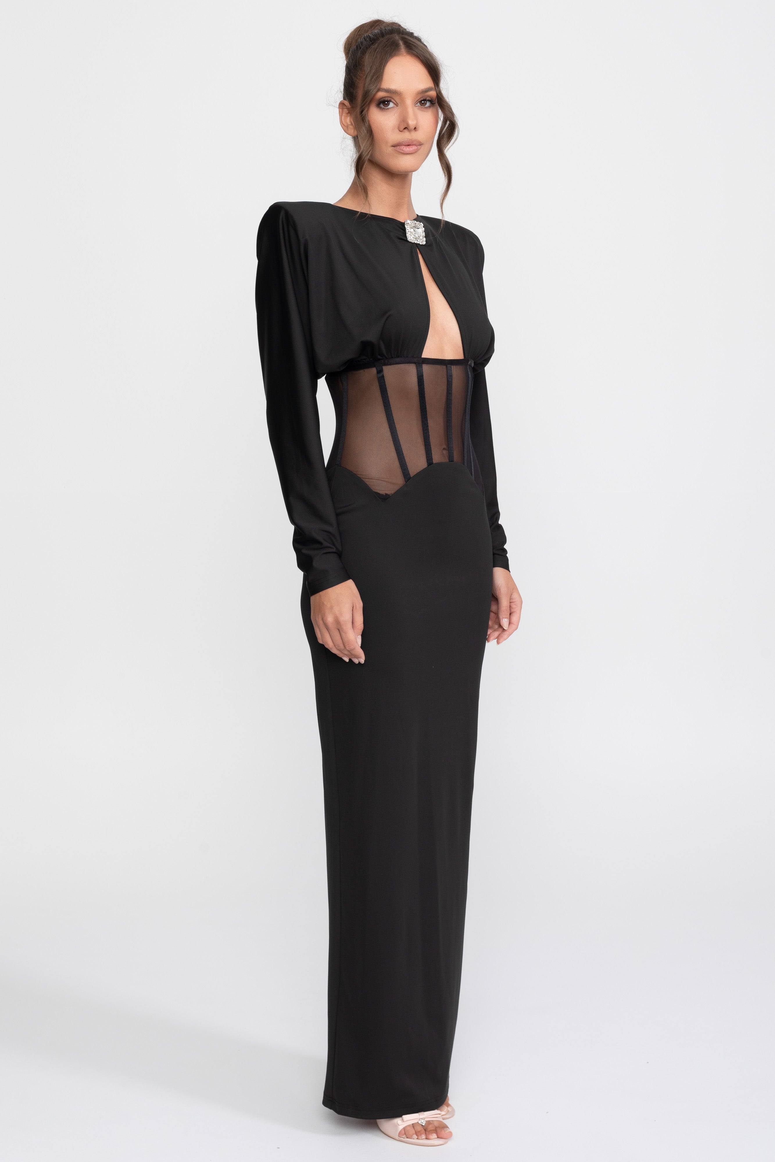 Cutout Sheer Panel Gown With Long Sleeves - Black