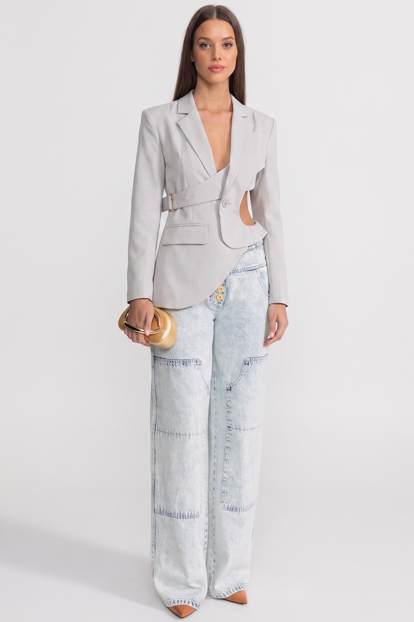 Asymmetric Cut-Out Blazer with Belt Detail - Light Gray