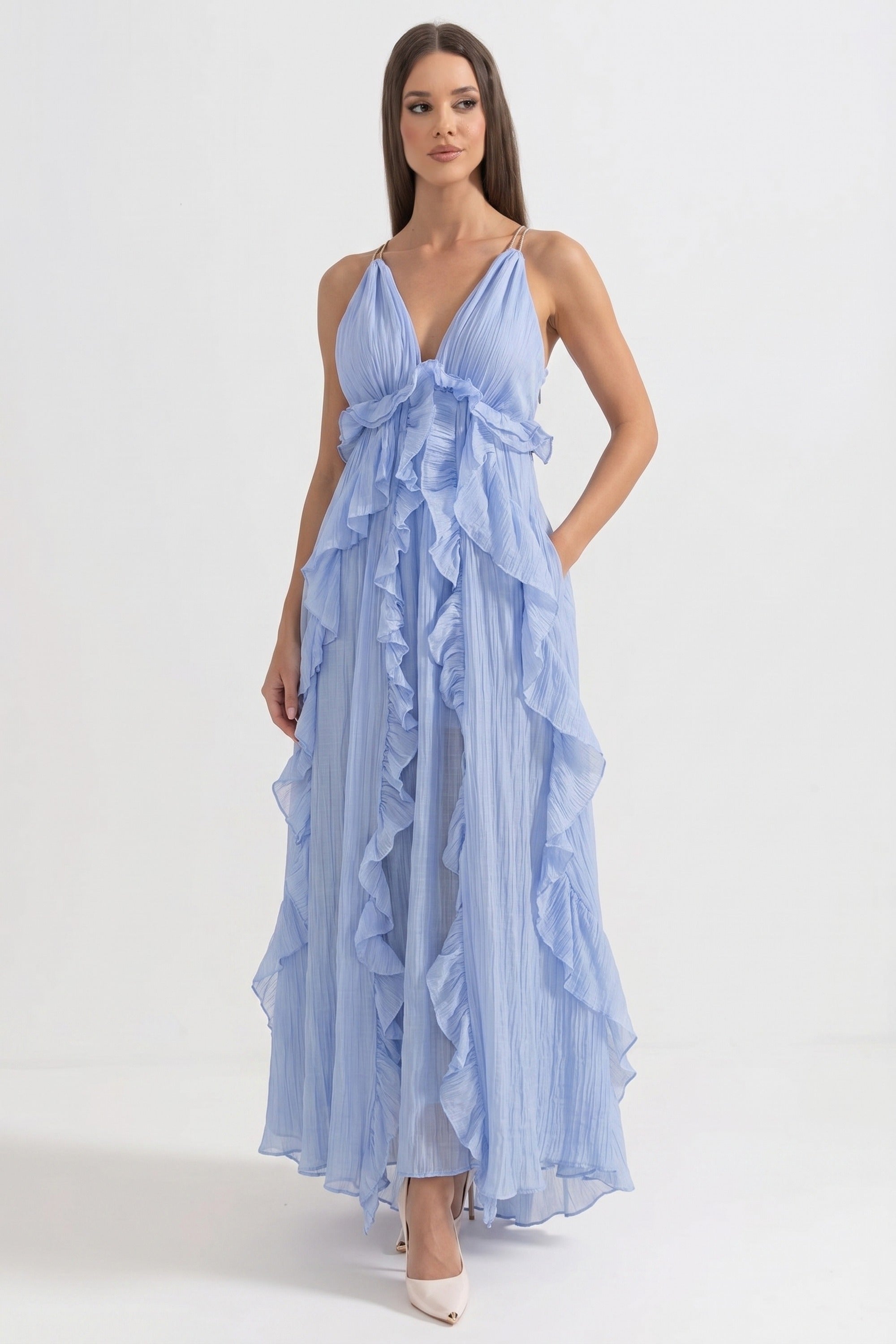 Robe longue à volants à profond décolleté en V avec étages asymétriques cascade - Bleu